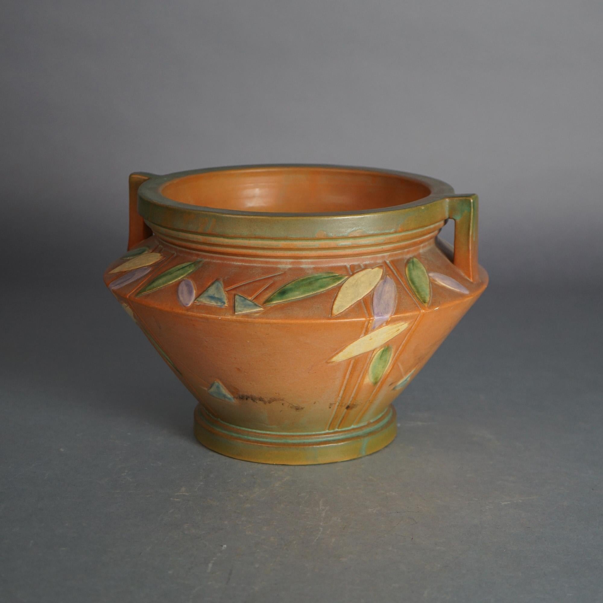 20th Century Antique Roseville Double Handled Art Pottery Jardiniere, Futura Pattern C1920