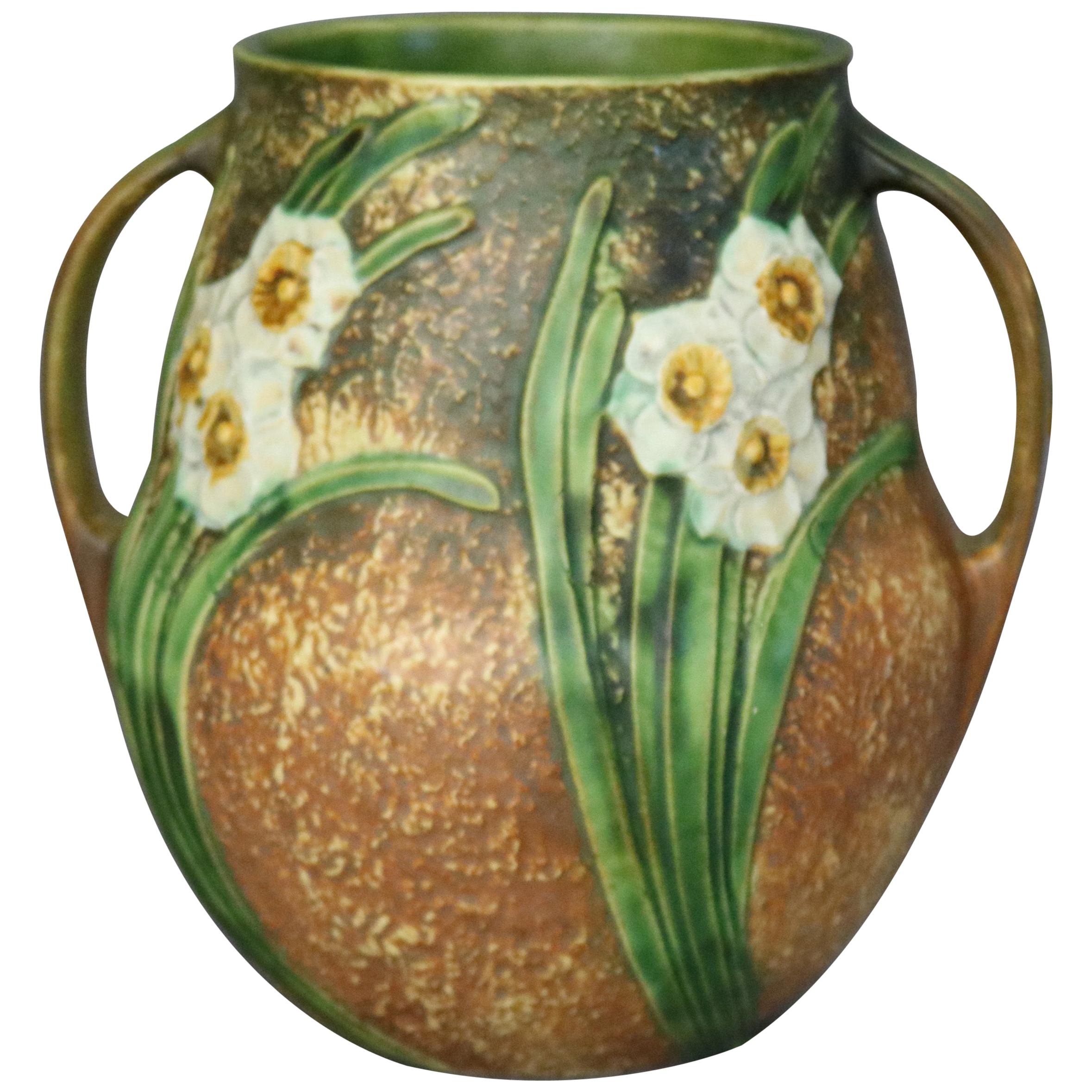Roseville Jonquil Art Pottery Double Handled Daffodil Vase 530-10, circa 1930