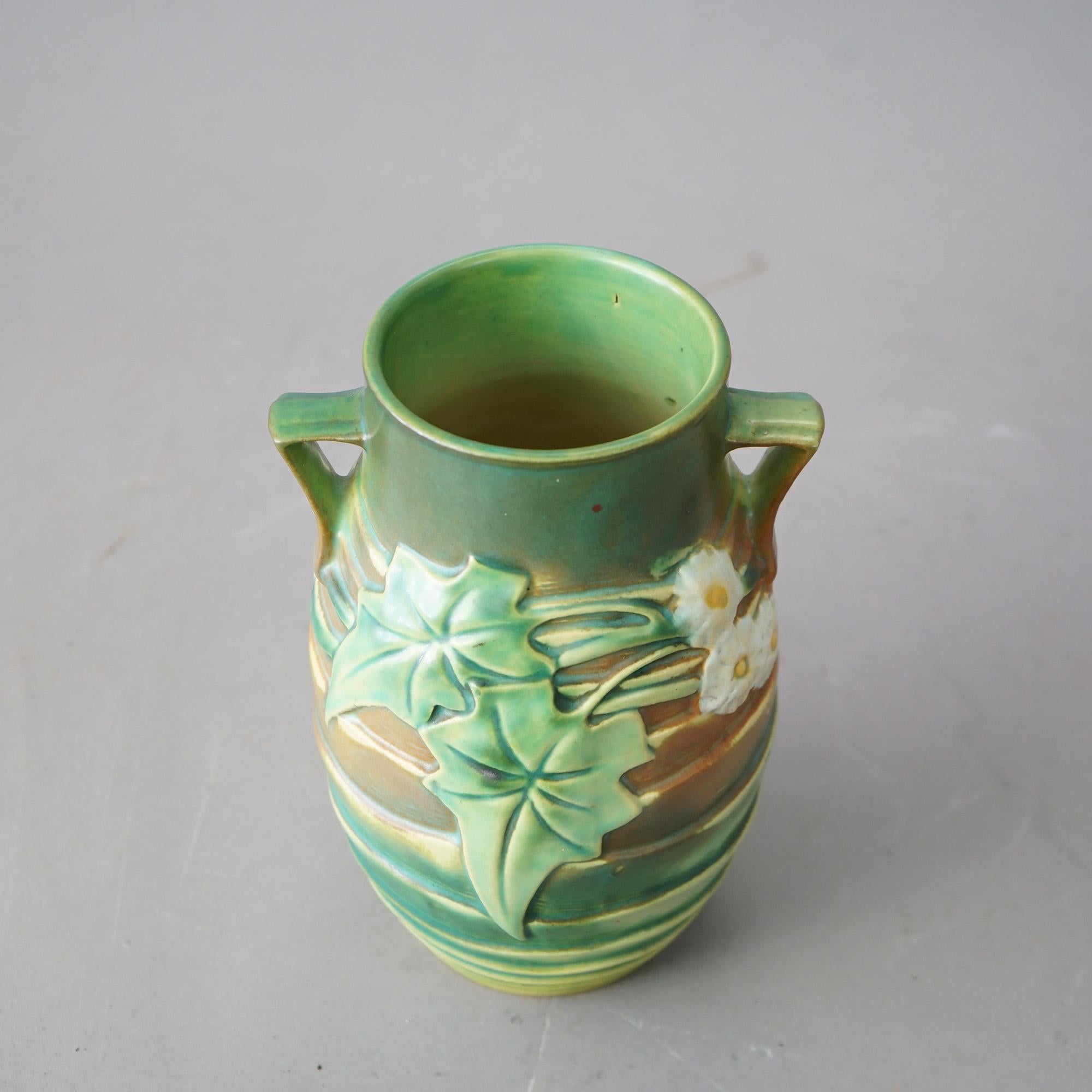 Arts and Crafts Antique Roseville Luffa Green Art Pottery Flower Vase Circa 1930 For Sale