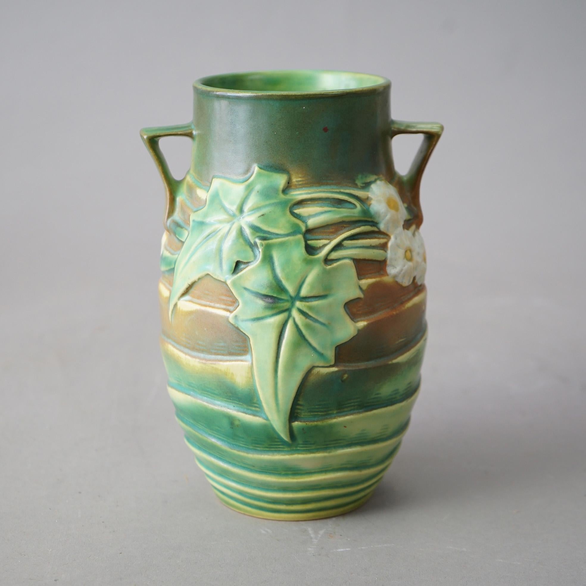 Antique Roseville Luffa Green Art Pottery Flower Vase Circa 1930 In Good Condition For Sale In Big Flats, NY