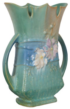 Antique Roseville Pottery Cosmos Bud Flower Vase 950-8 Floral Double Handles