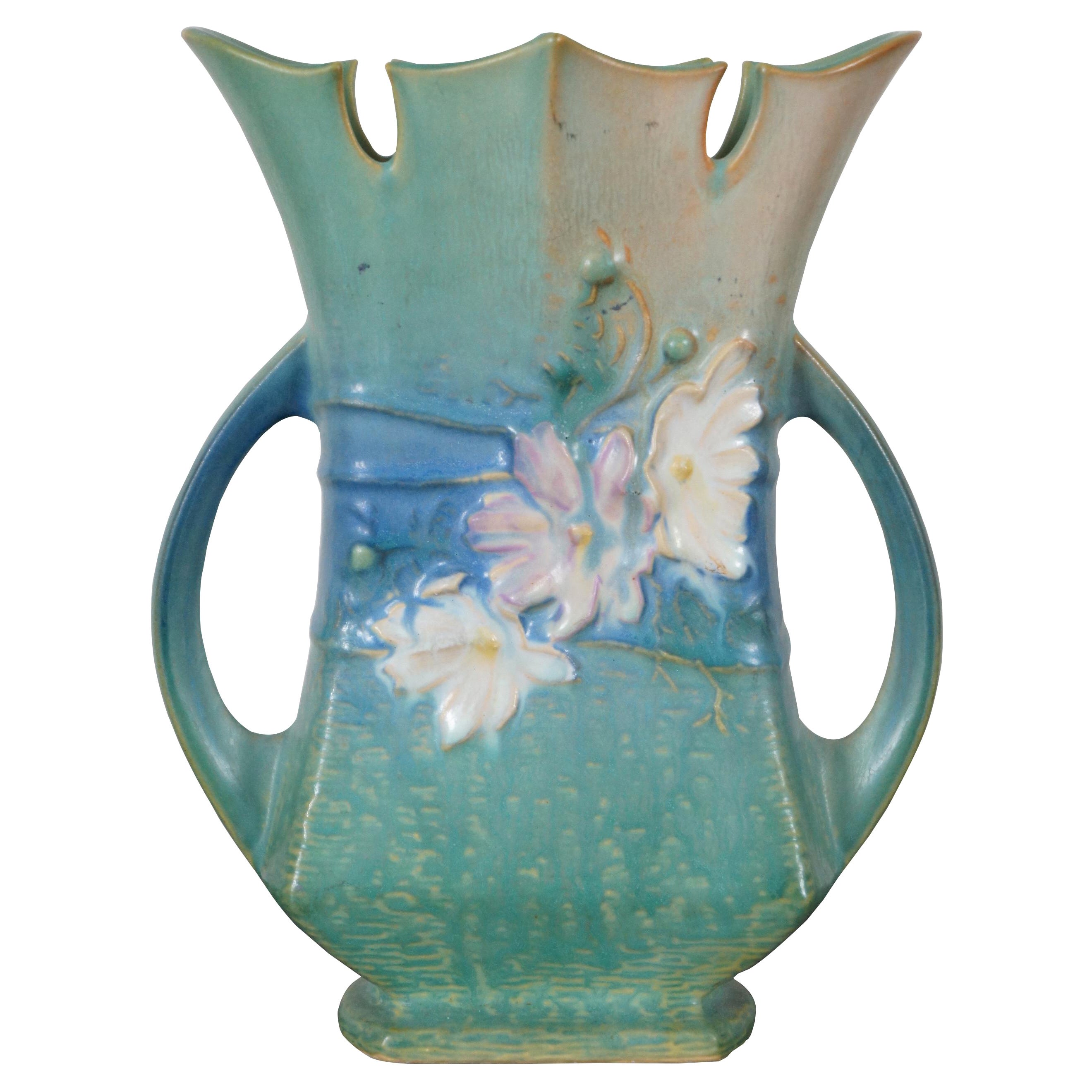 Antique Roseville Pottery Cosmos Bud Flower Vase 950-8 Floral Double Handles