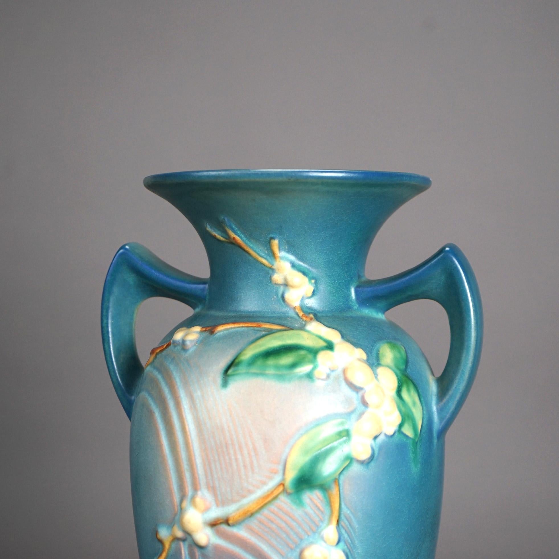 Antique Roseville Snowberry Art Pottery Double Handle Vase C1940 In Good Condition For Sale In Big Flats, NY
