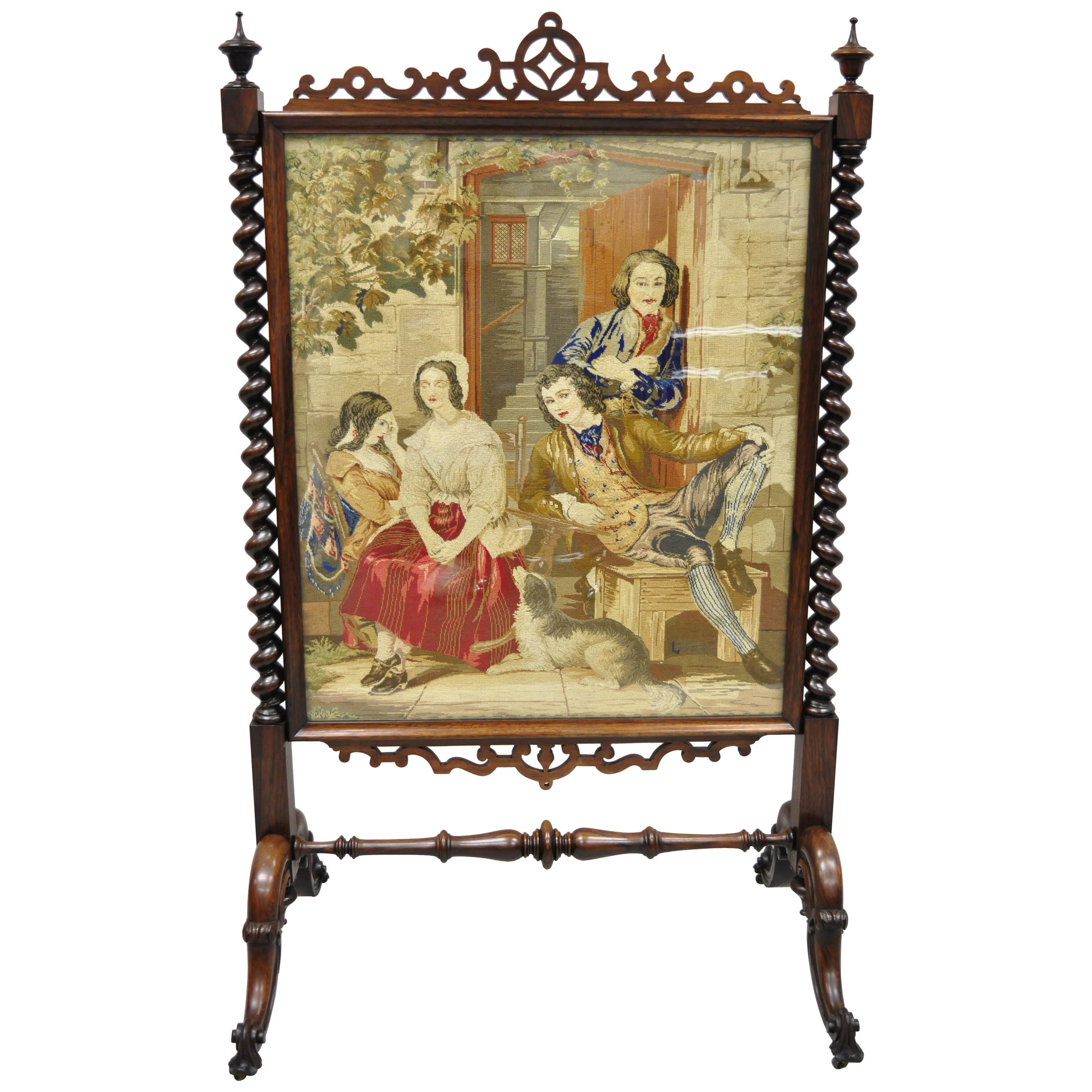 Antique Rosewood and Figural Needlepoint Victorian Spiral Carved Firescreen For Sale