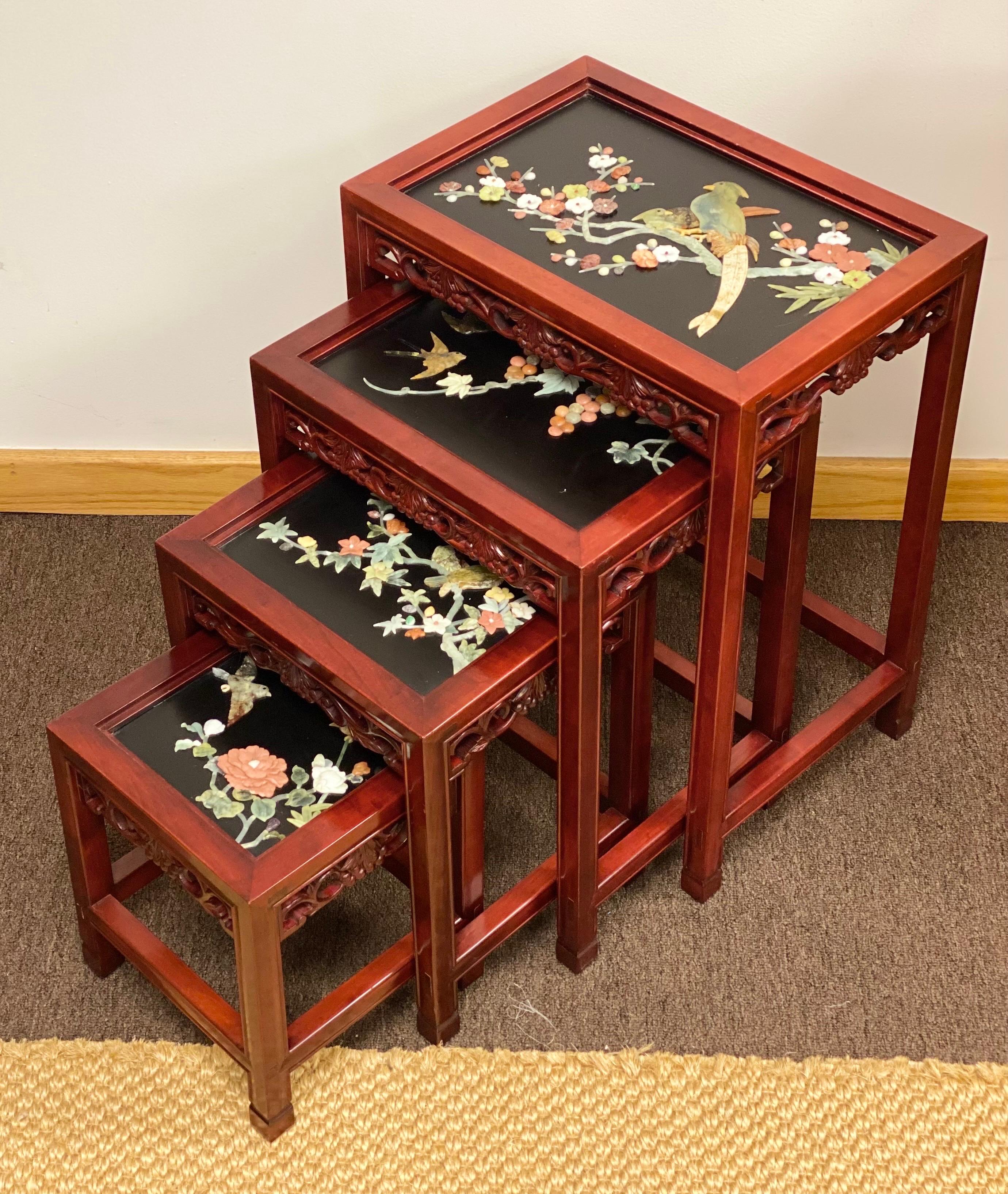 Antique Rosewood and Jade Chinoiserie Nesting Tables with Diorama Tops, 4  For Sale 3