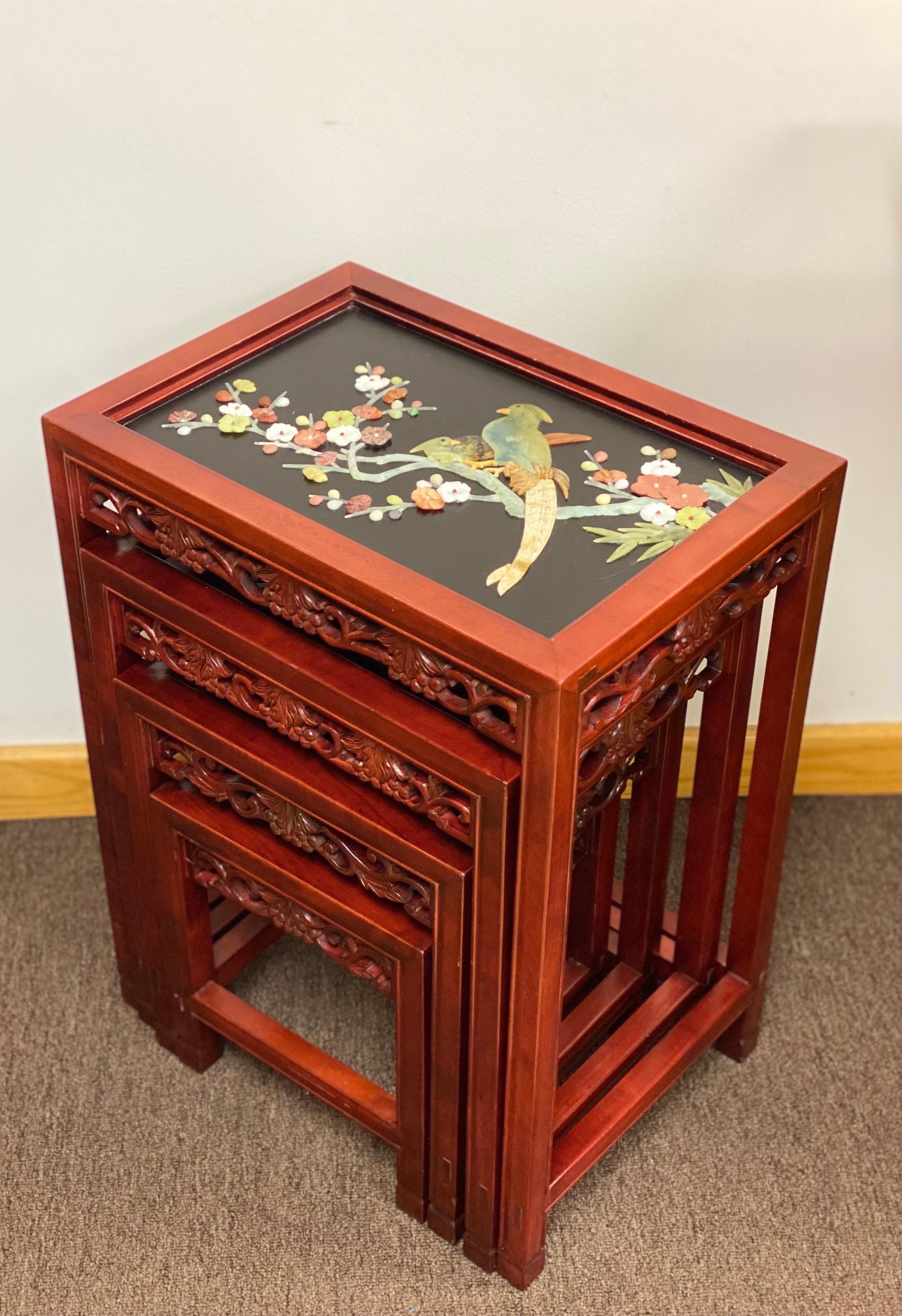 Antique Rosewood and Jade Chinoiserie Nesting Tables with Diorama Tops, 4  For Sale 4