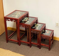 Antique Rosewood and Jade Chinoiserie Nesting Tables with Diorama Tops, 4