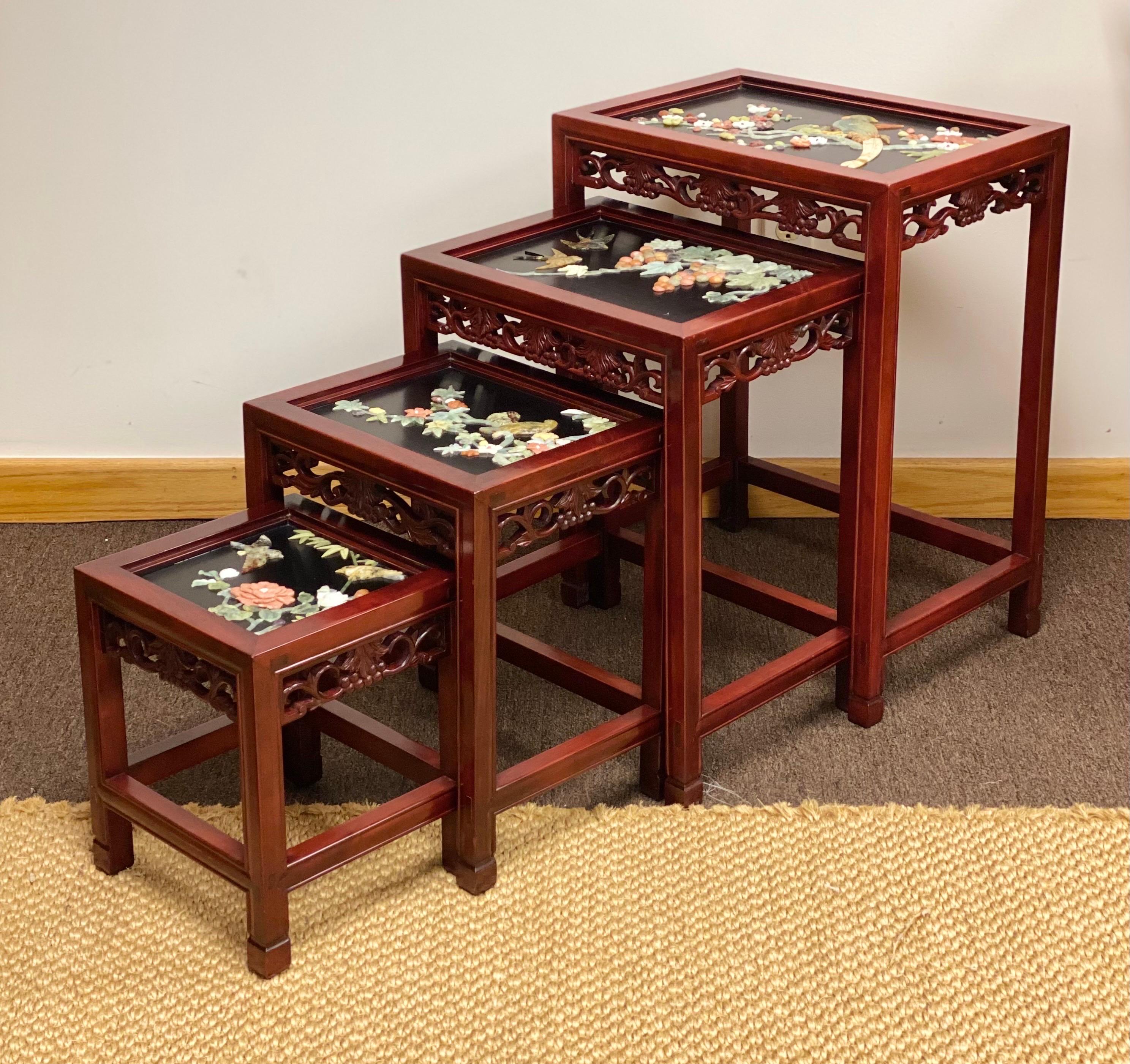 Chinese Antique Rosewood and Jade Chinoiserie Nesting Tables with Diorama Tops, 4  For Sale