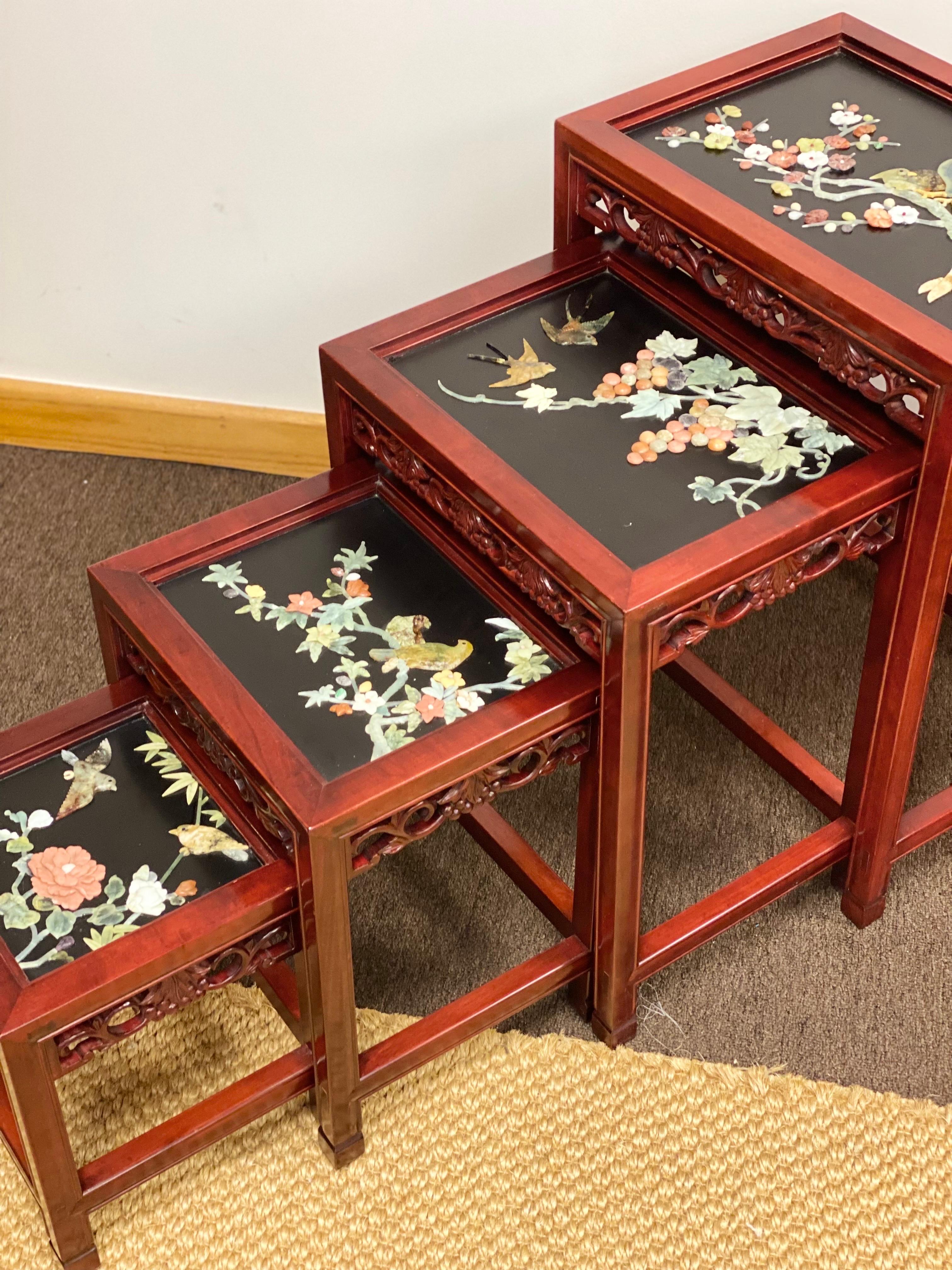 Chinese Antique Rosewood and Jade Chinoiserie Nesting Tables with Diorama Tops, 4  For Sale
