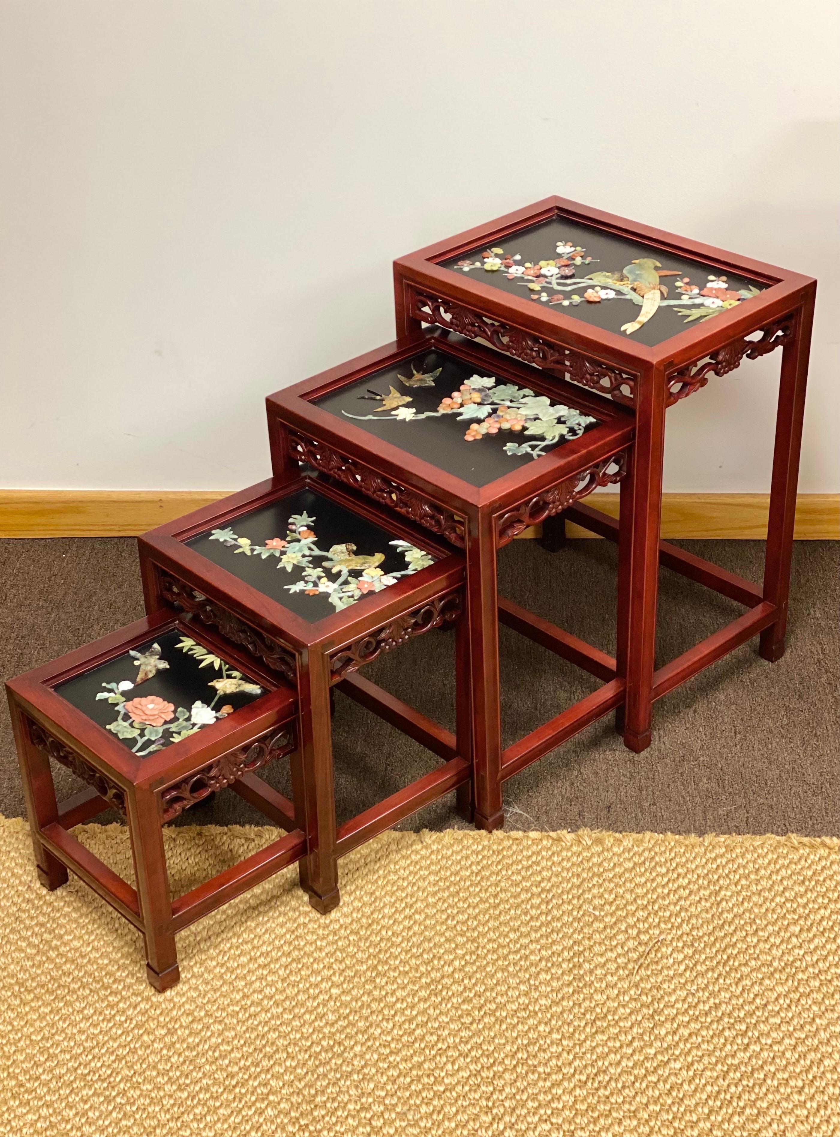 Antique Rosewood and Jade Chinoiserie Nesting Tables with Diorama Tops, 4  For Sale 2