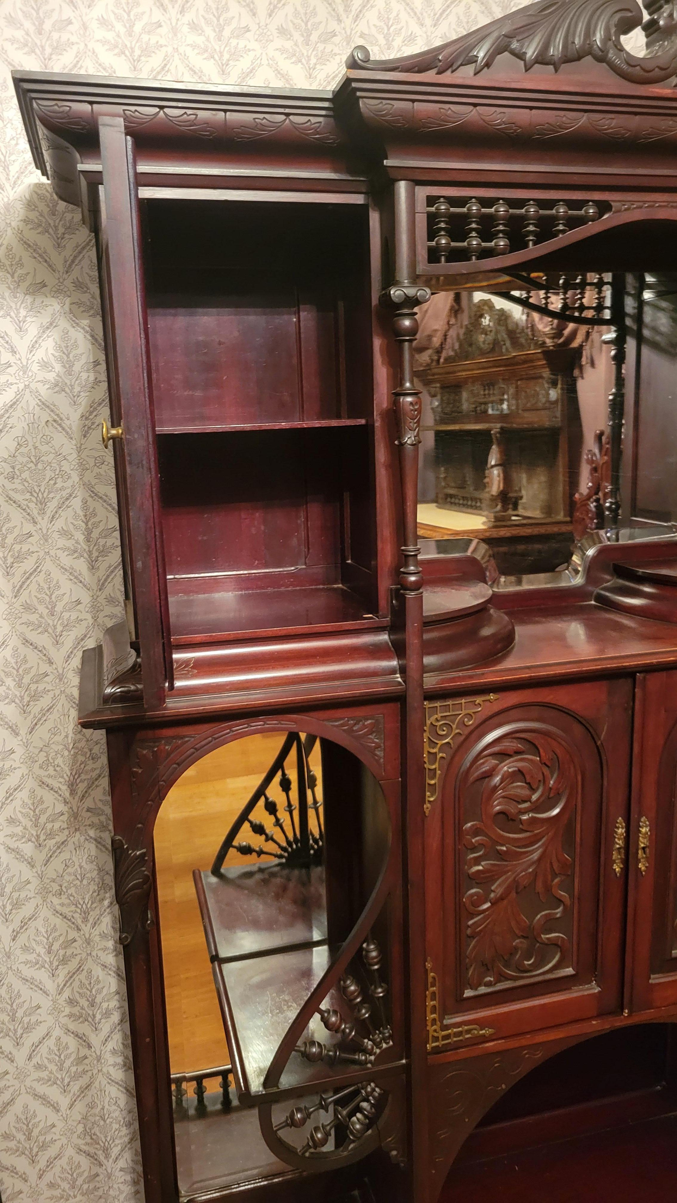 Ancienne étagère Art nouveau en bois de rose avec miroirs biseautés en vente 4