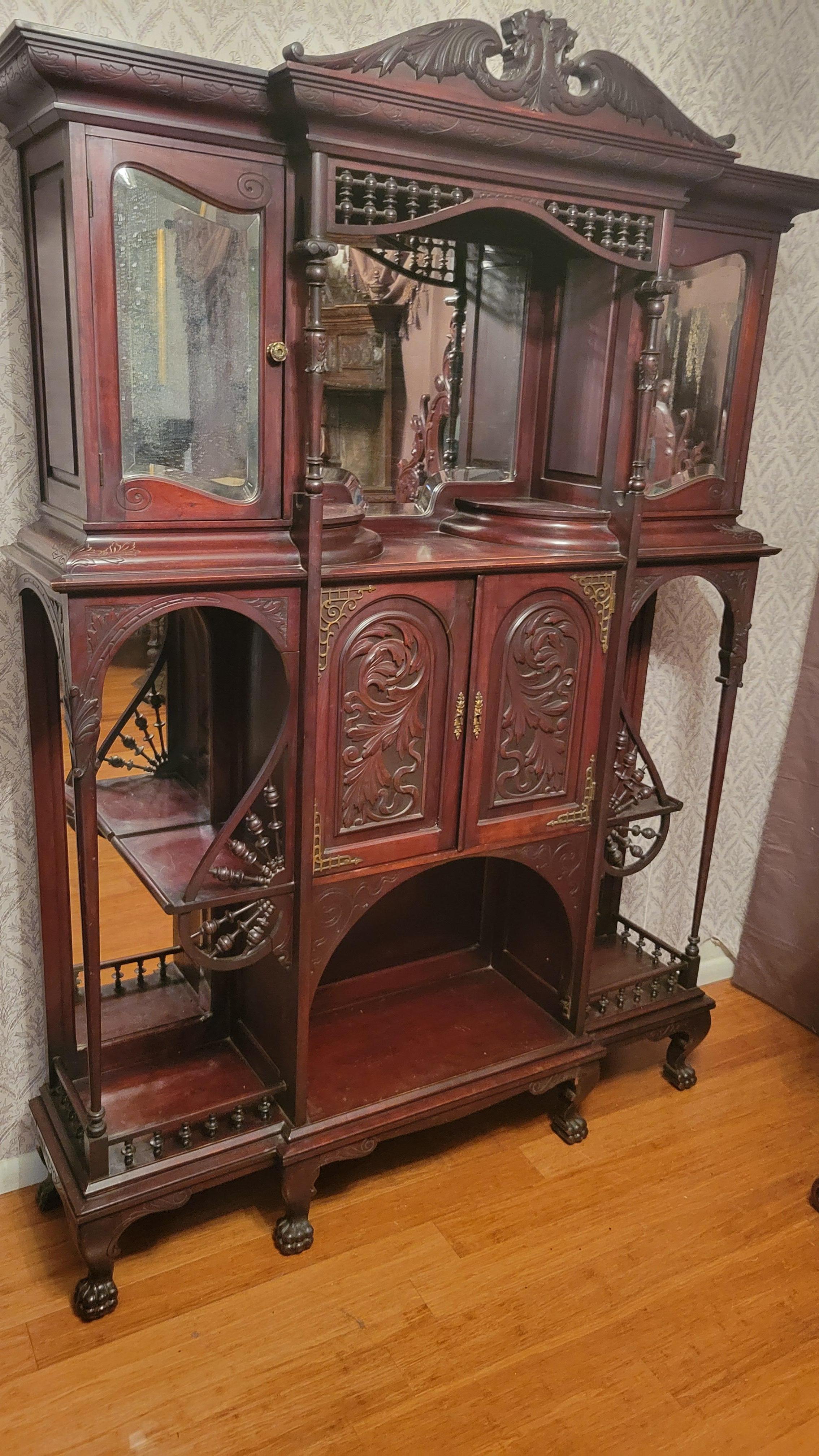Ancienne étagère Art nouveau en bois de rose avec miroirs biseautés en vente 8