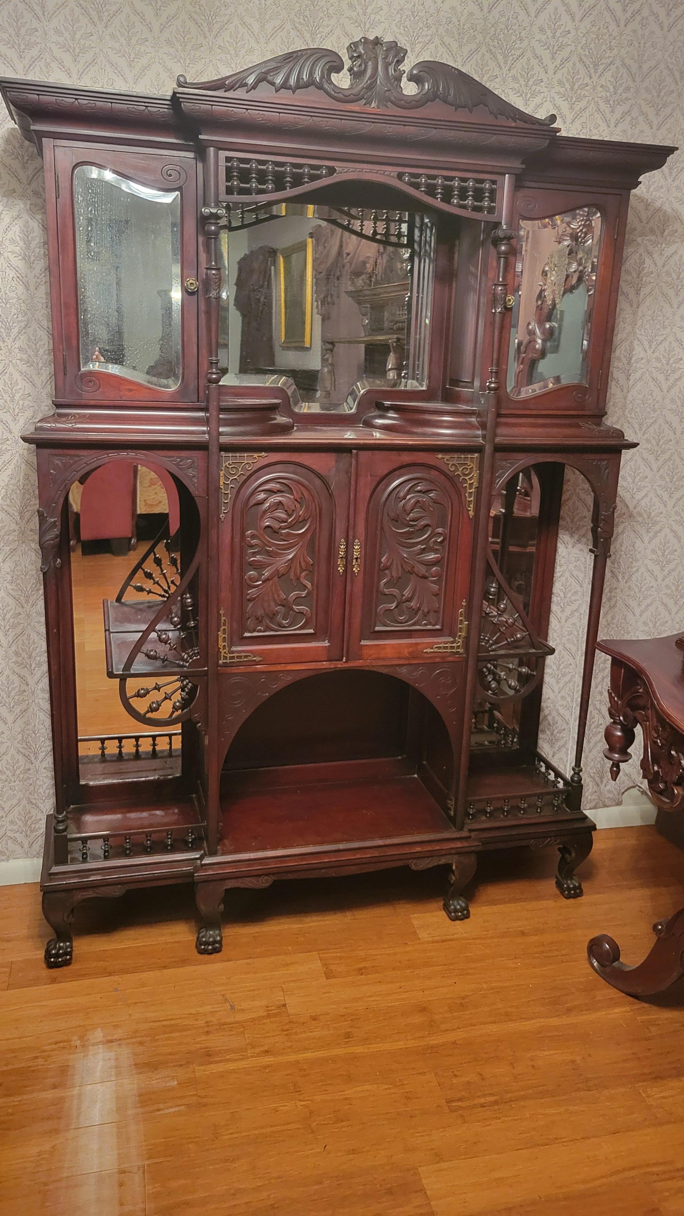 Ancienne étagère Art nouveau en bois de rose avec miroirs biseautés en vente 1