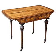 Antique Rosewood & Burl Wood Writing Desk / Entry Table w/ Turned Legs & Inlay
