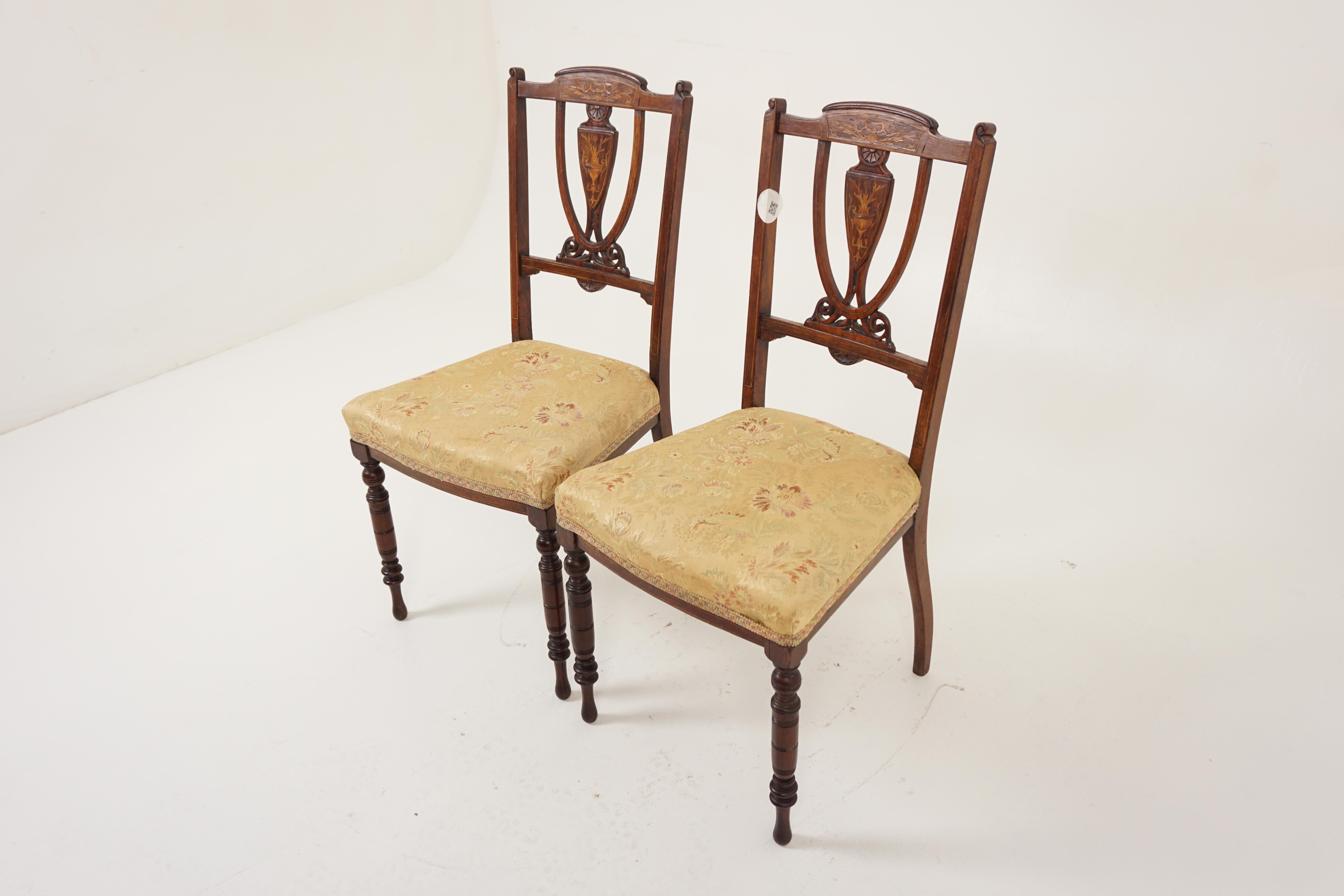 Antique Rosewood Chairs, Pair of Marquetry Inlaid Rosewood Side Chairs, Sheraton Revival Occasional Chairs, Scotland 1900, H1120
+ Scotland 1900
+ Rosewood and Veneer
+ Original Finish
+ Incredibly fine carving on the pierced backs with