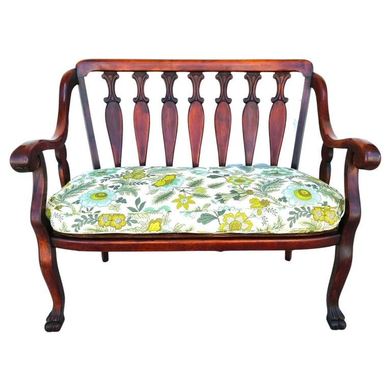 Antique Early 1900s Solid Red Mahogany Claw Foot Settee Bench For Sale