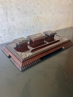 Antique Rosewood Desk Stand Inkwell Set Silver Mounted Writing Stand