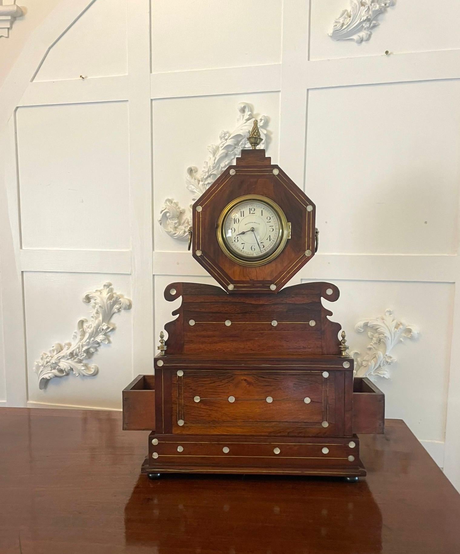 English Antique Rosewood Inlaid Mantle Clock by Walker and Hall For Sale