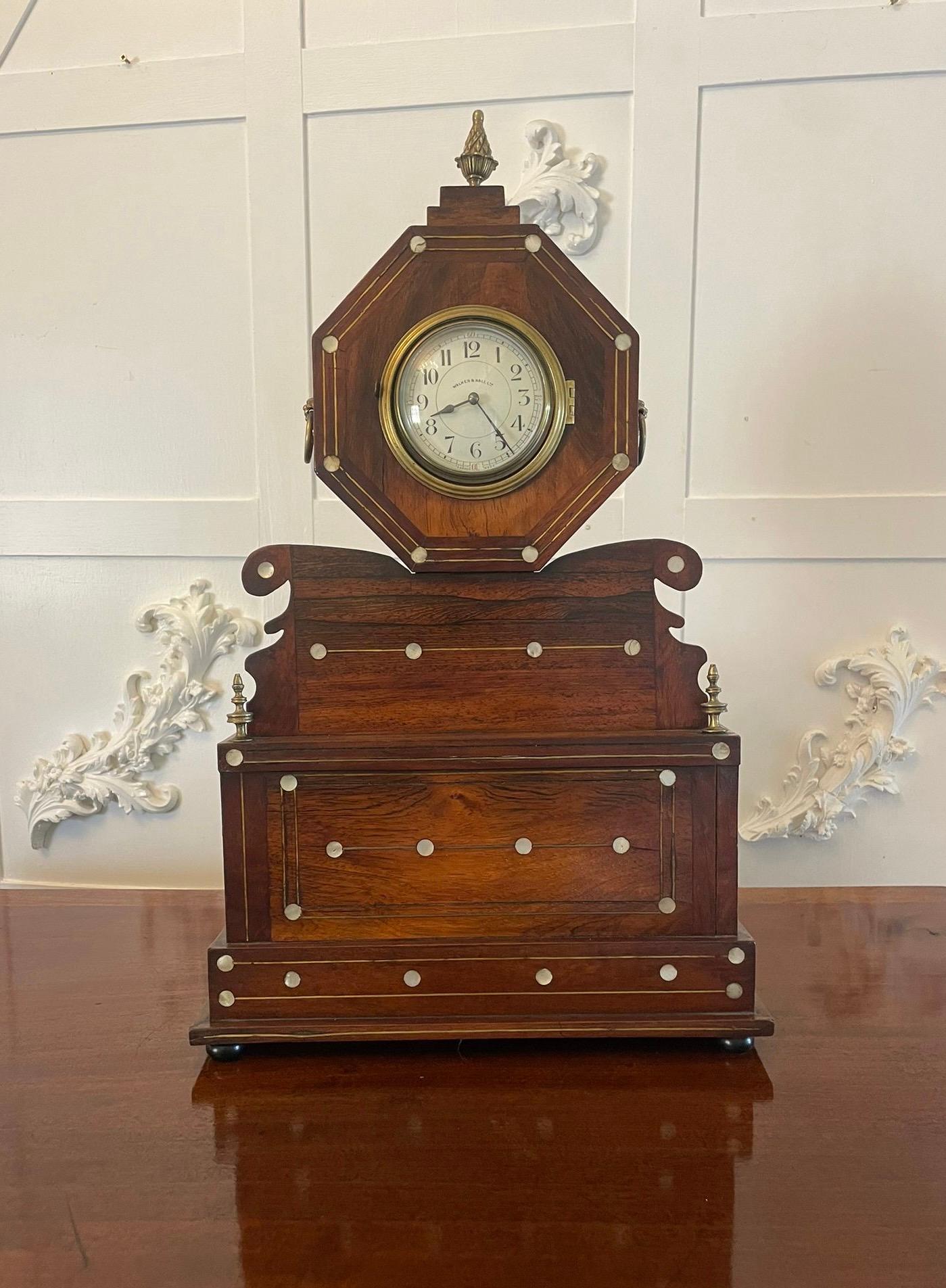 19th Century Antique Rosewood Inlaid Mantle Clock by Walker and Hall For Sale