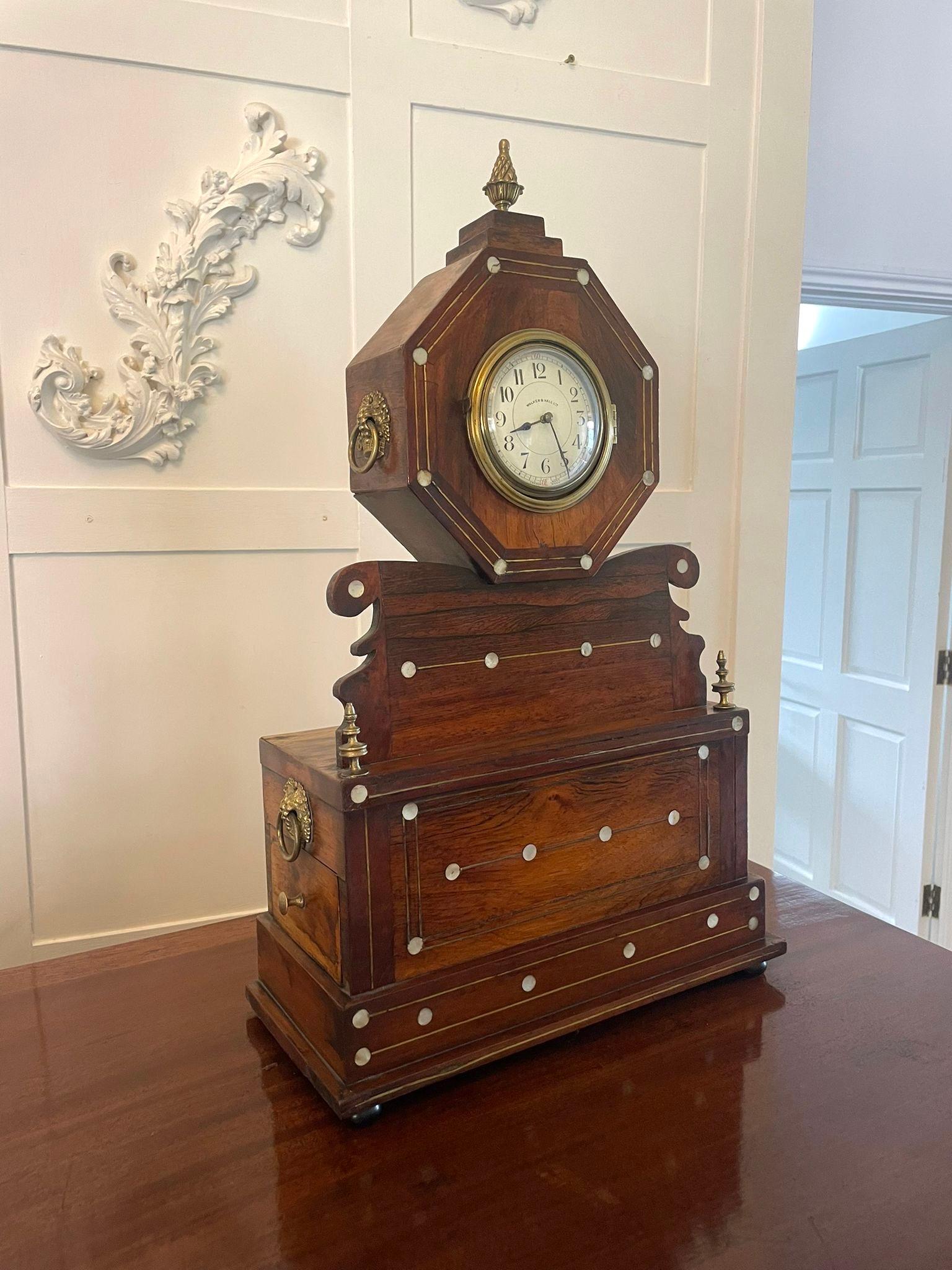 Antique Rosewood Inlaid Mantle Clock by Walker and Hall For Sale 1