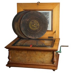 Ancienne boîte à musique Symphonion en bois de rose incrusté avec 5 disques 19e C