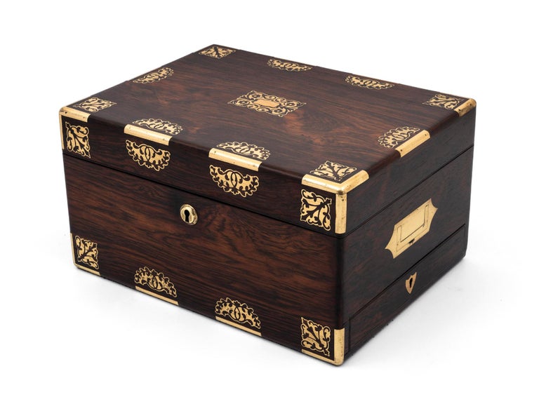 Antique Rosewood Jewellery Box with Ornate Brass Inlay and Teal Velvet