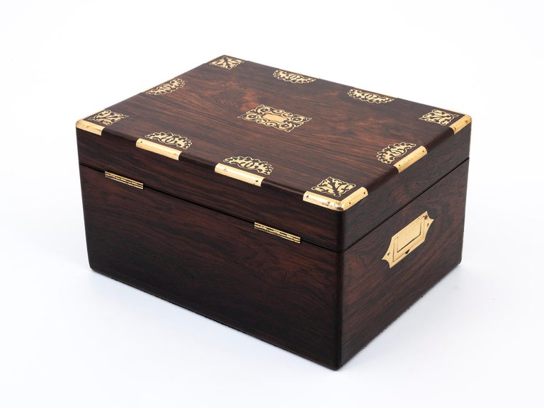 Antique Rosewood Jewellery Box with Ornate Brass Inlay and Teal Velvet