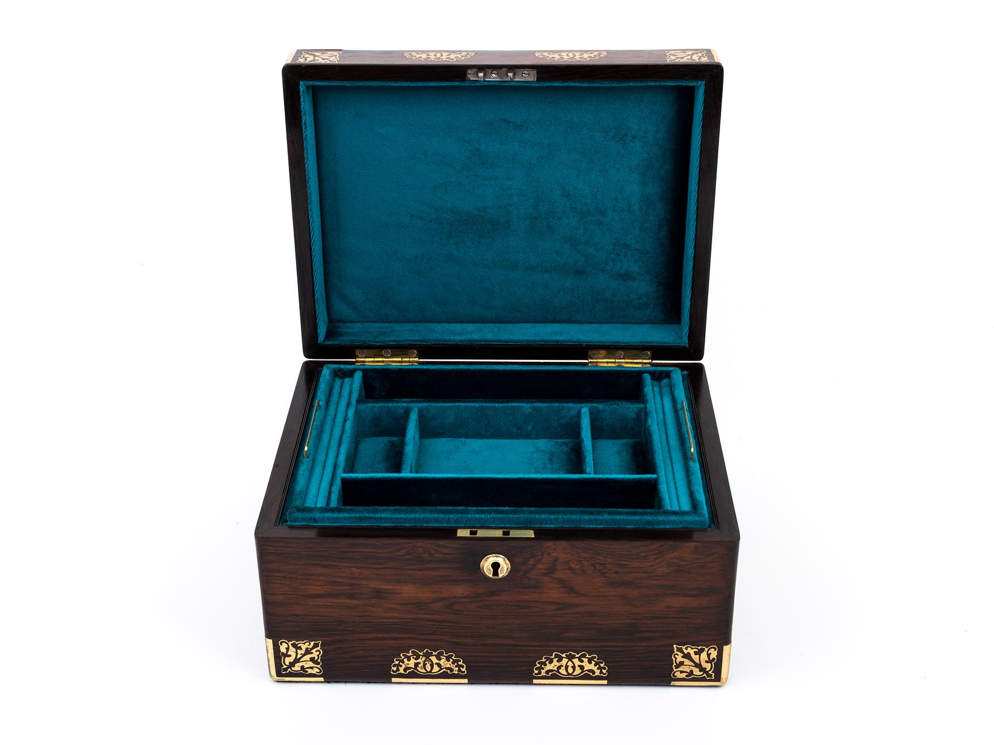 19th Century Antique Rosewood Jewellery Box with Ornate Brass Inlay and Teal Velvet Interior For Sale