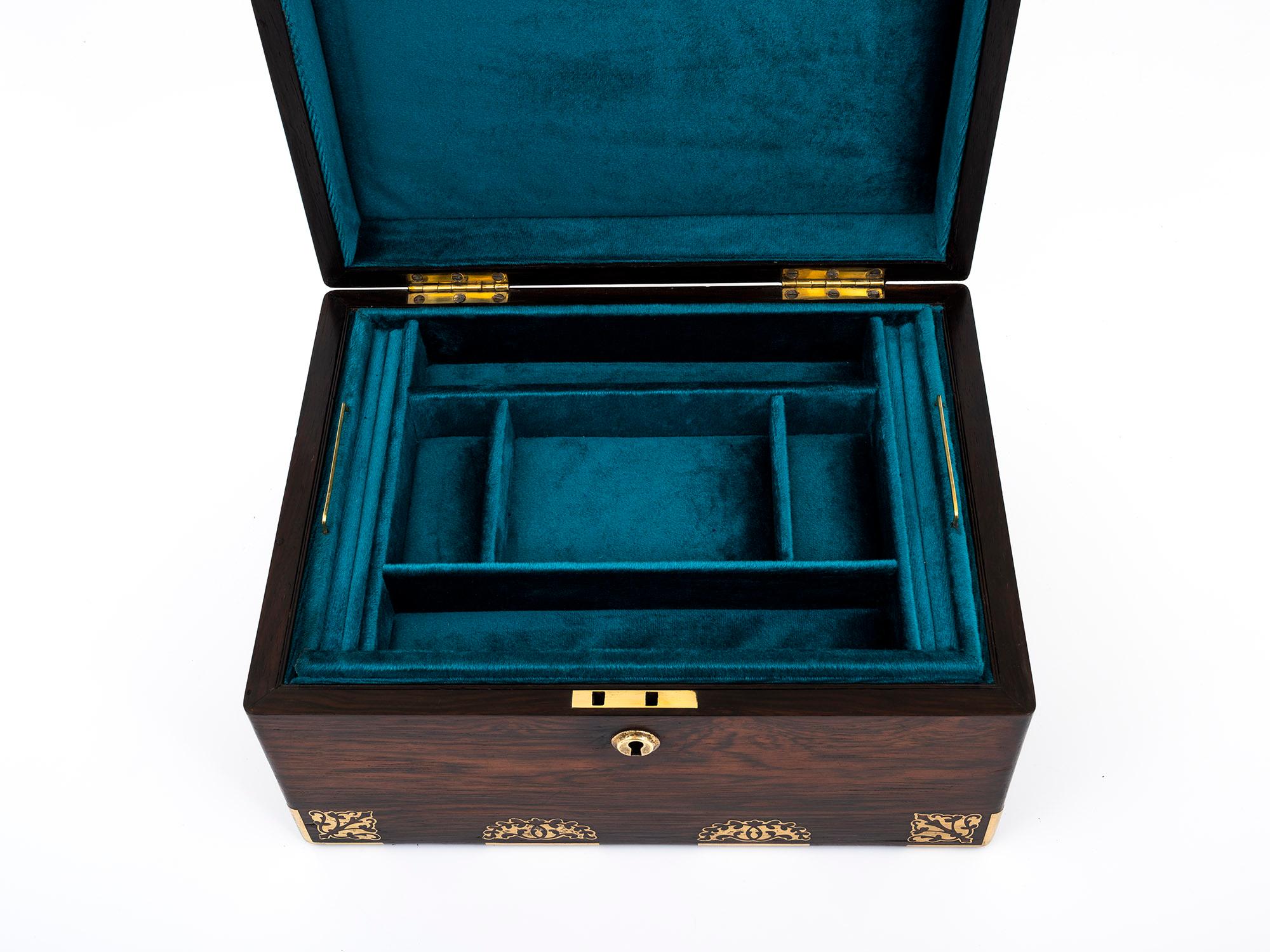 Metal Antique Rosewood Jewellery Box with Ornate Brass Inlay and Teal Velvet Interior For Sale