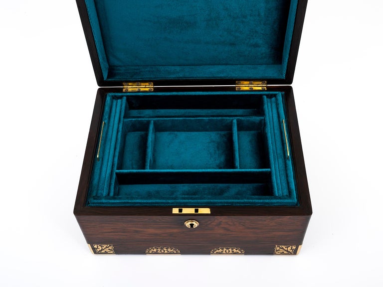 Antique Rosewood Jewellery Box with Ornate Brass Inlay and Teal Velvet