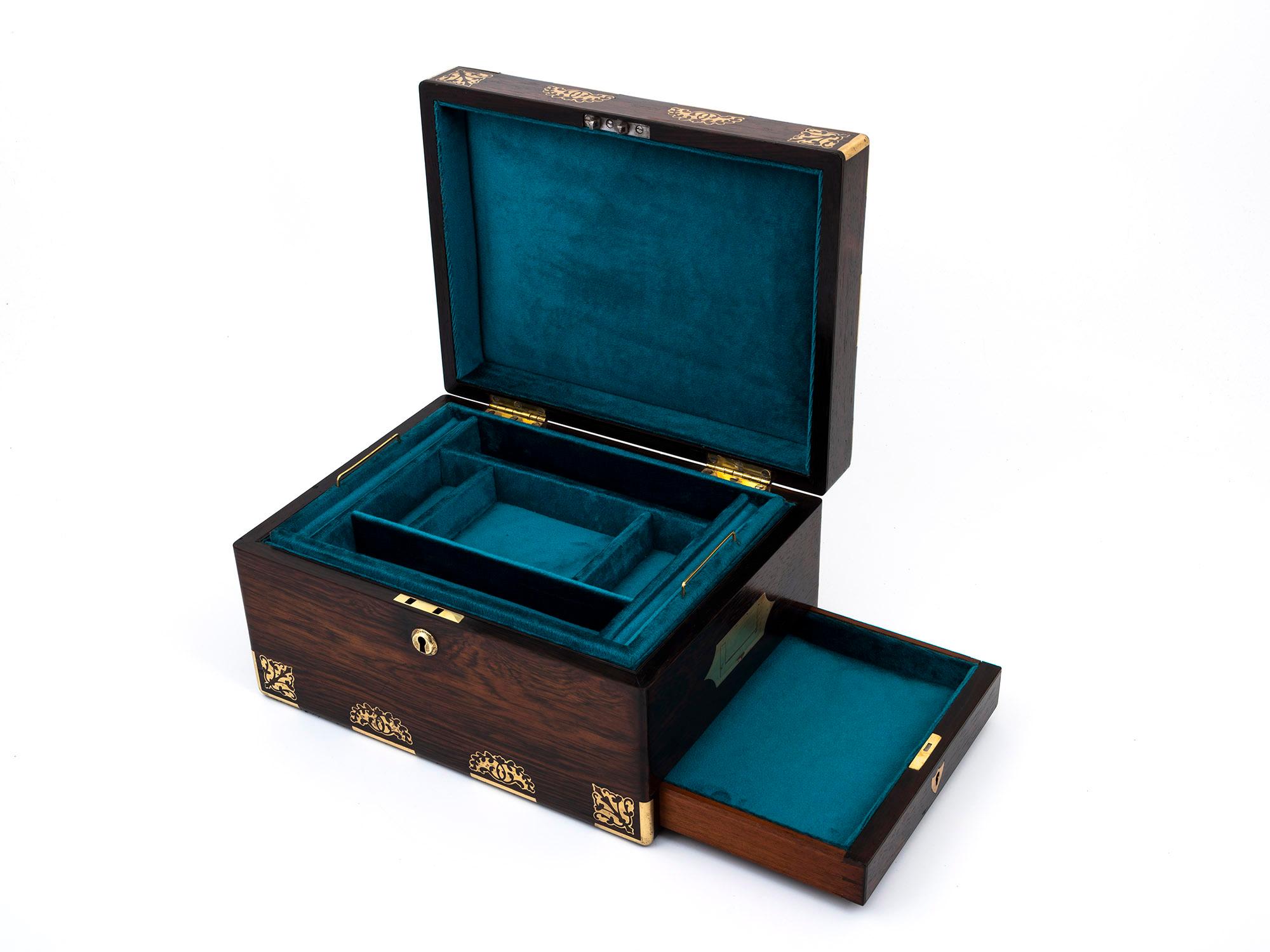 Metal Antique Rosewood Jewellery Box with Ornate Brass Inlay and Teal Velvet Interior For Sale