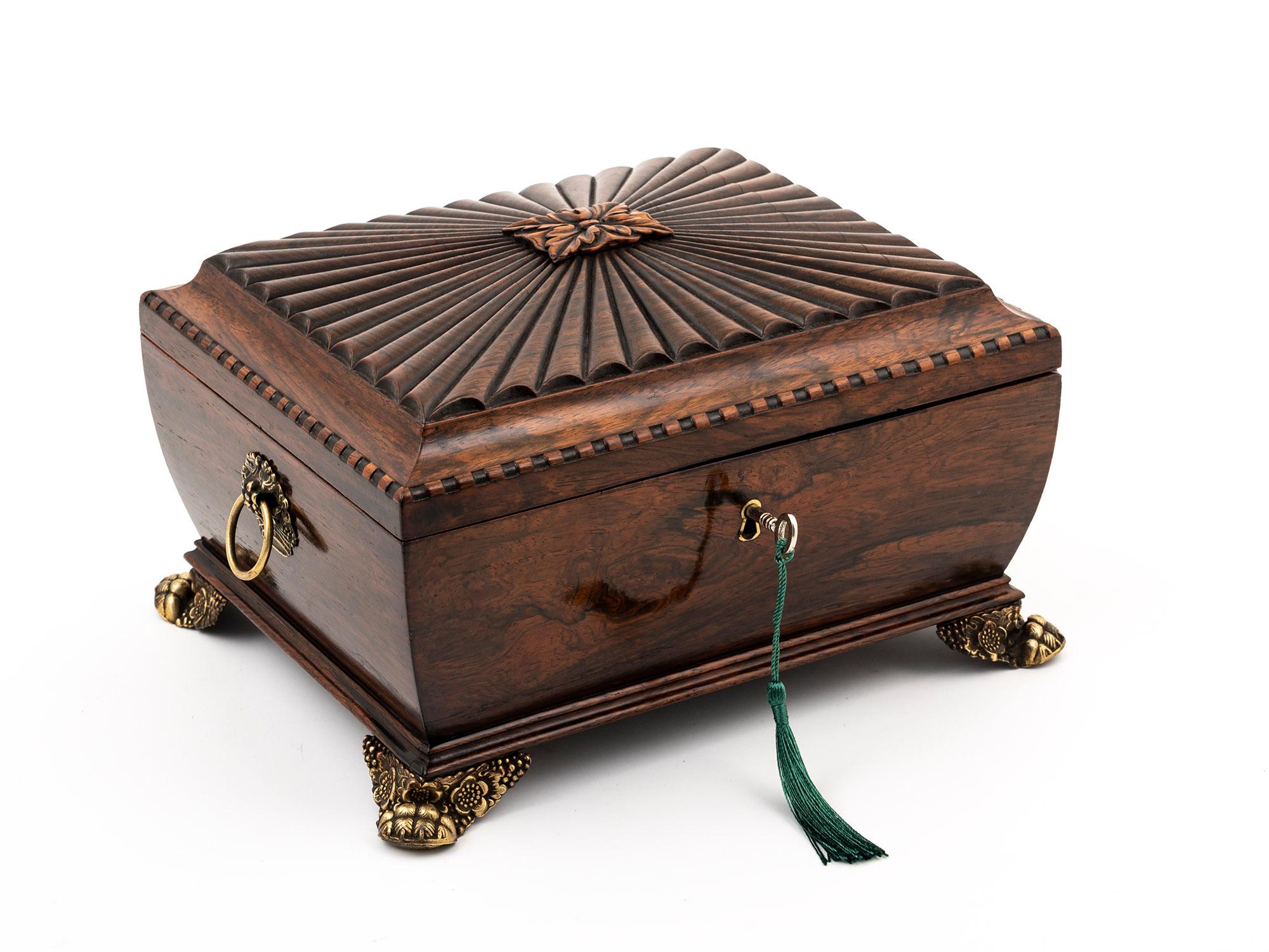 Antique Rosewood Jewellery Box with Sarcophagus Shape and Ornate Brass Details For Sale 3