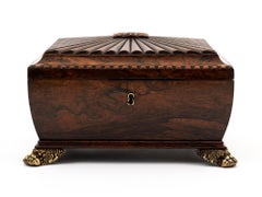 Antique Rosewood Jewellery Box with Sarcophagus Shape and Ornate Brass Details