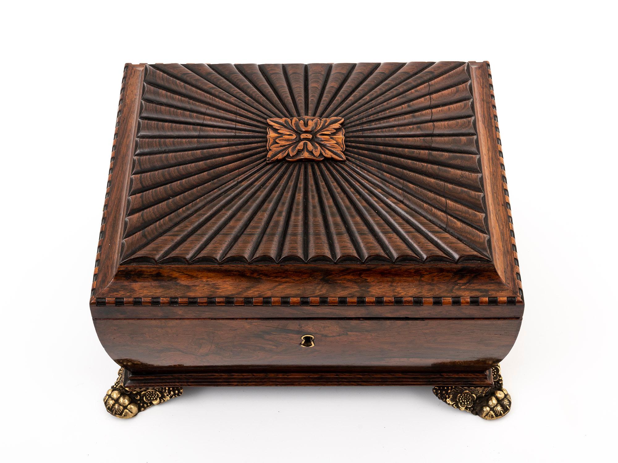 Regency Antique Rosewood Jewellery Box with Sarcophagus Shape and Ornate Brass Details For Sale
