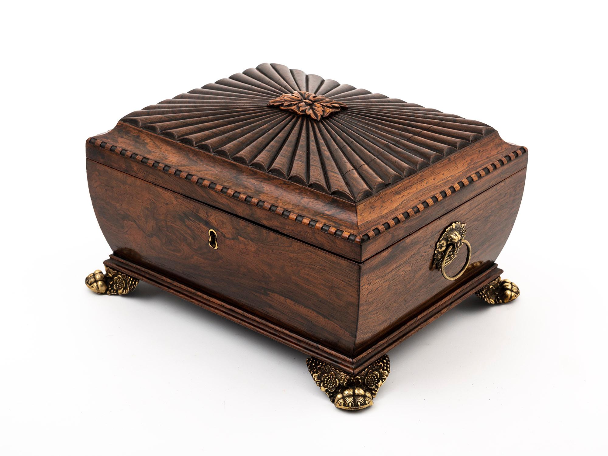 British Antique Rosewood Jewellery Box with Sarcophagus Shape and Ornate Brass Details For Sale