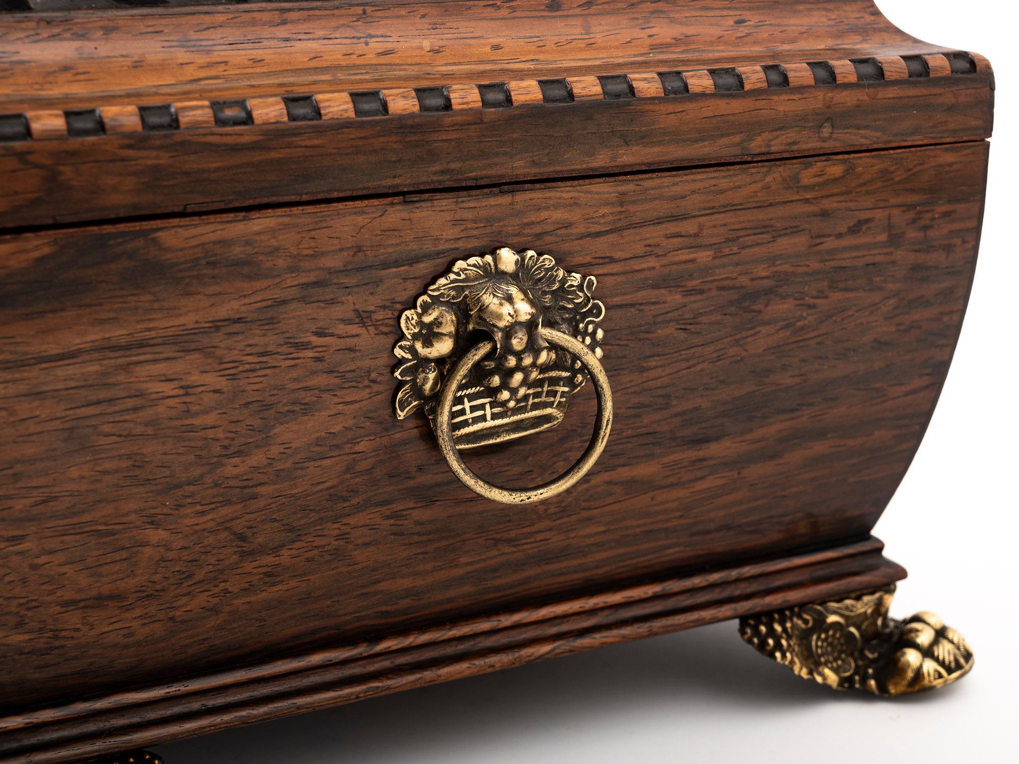 Antique Rosewood Jewellery Box with Sarcophagus Shape and Ornate Brass Details In Good Condition For Sale In Northampton, GB