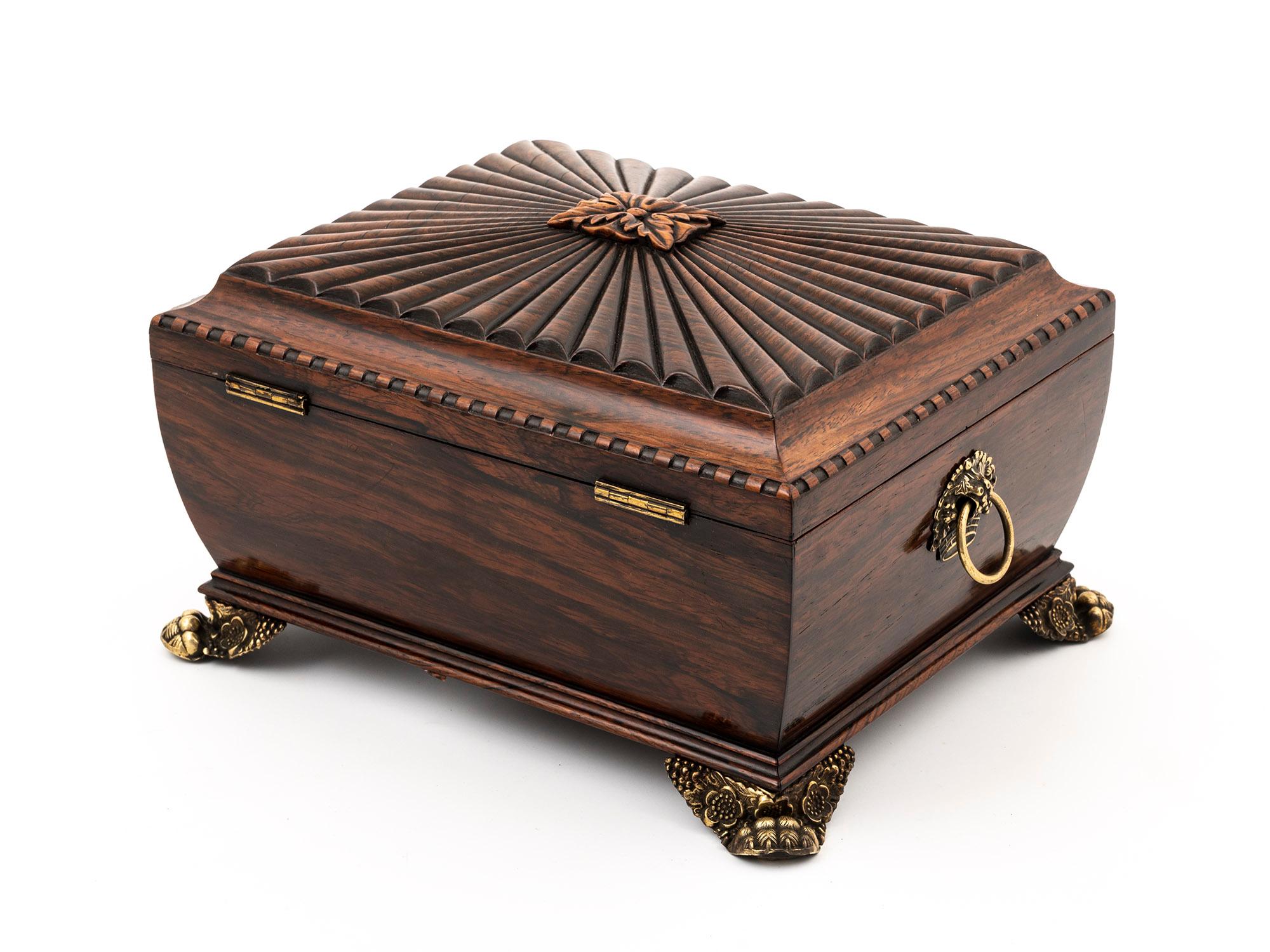 19th Century Antique Rosewood Jewellery Box with Sarcophagus Shape and Ornate Brass Details For Sale