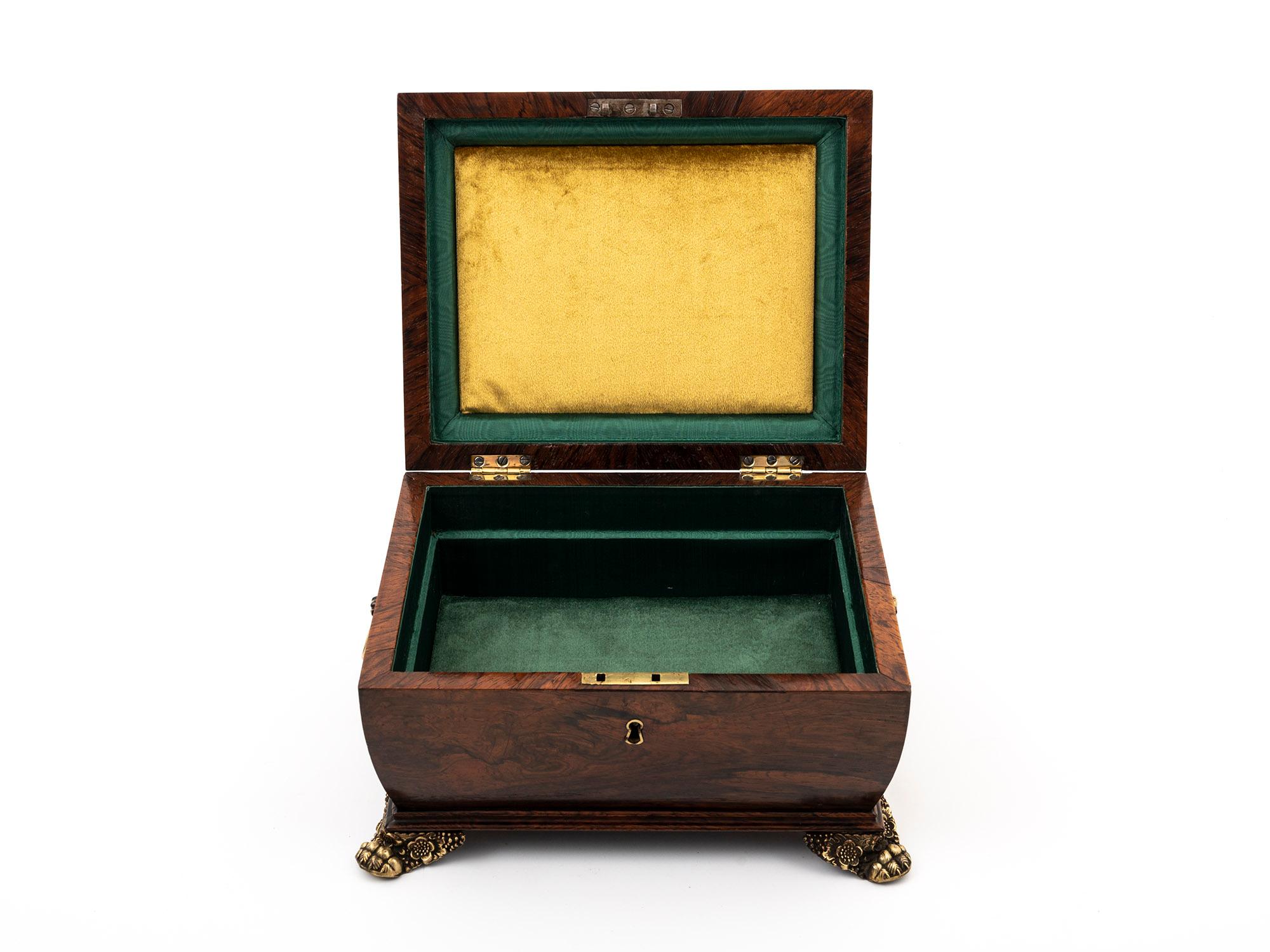 Metal Antique Rosewood Jewellery Box with Sarcophagus Shape and Ornate Brass Details For Sale