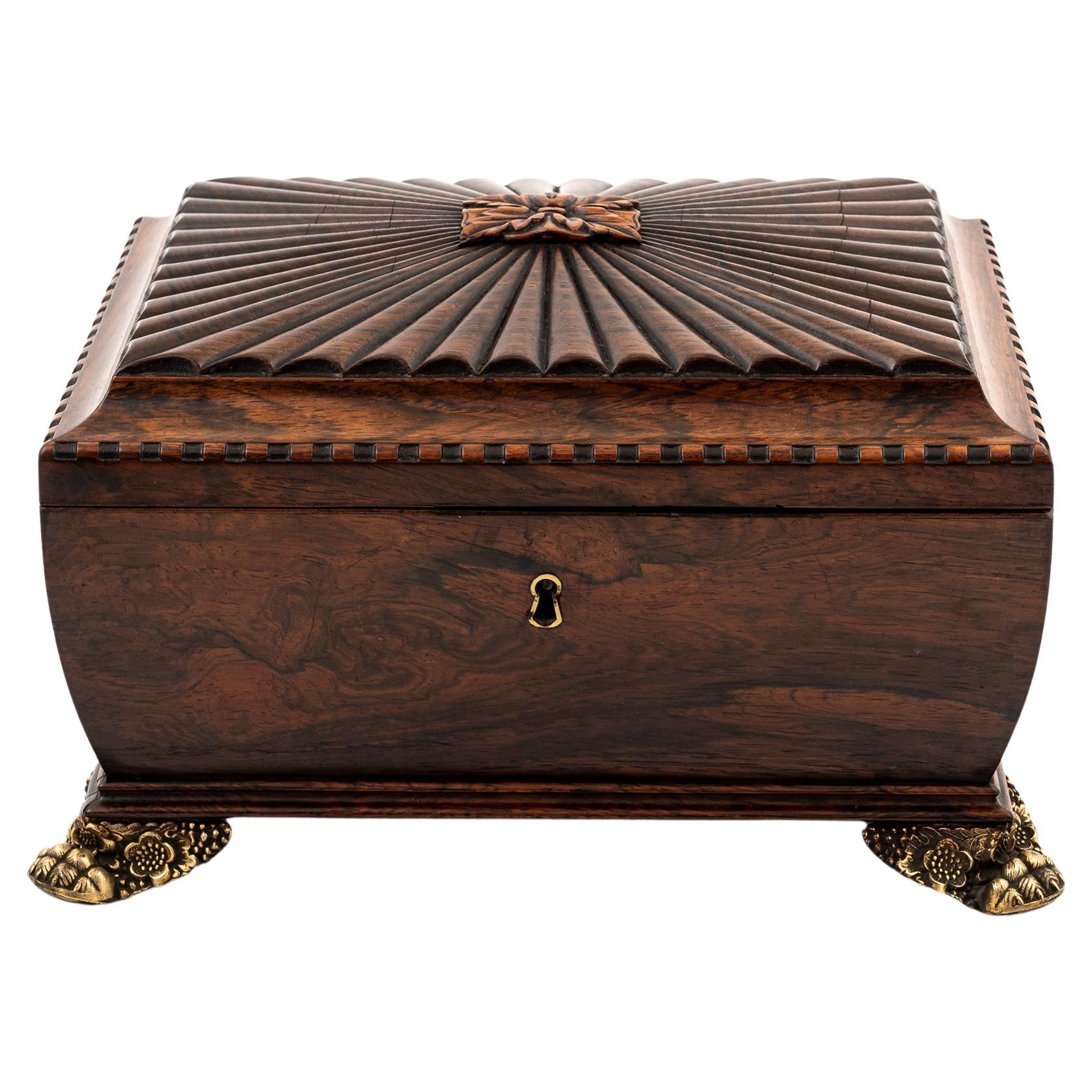 Antique Rosewood Jewellery Box with Sarcophagus Shape and Ornate Brass Details For Sale