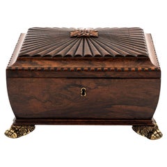Antique Rosewood Jewellery Box with Sarcophagus Shape and Ornate Brass Details