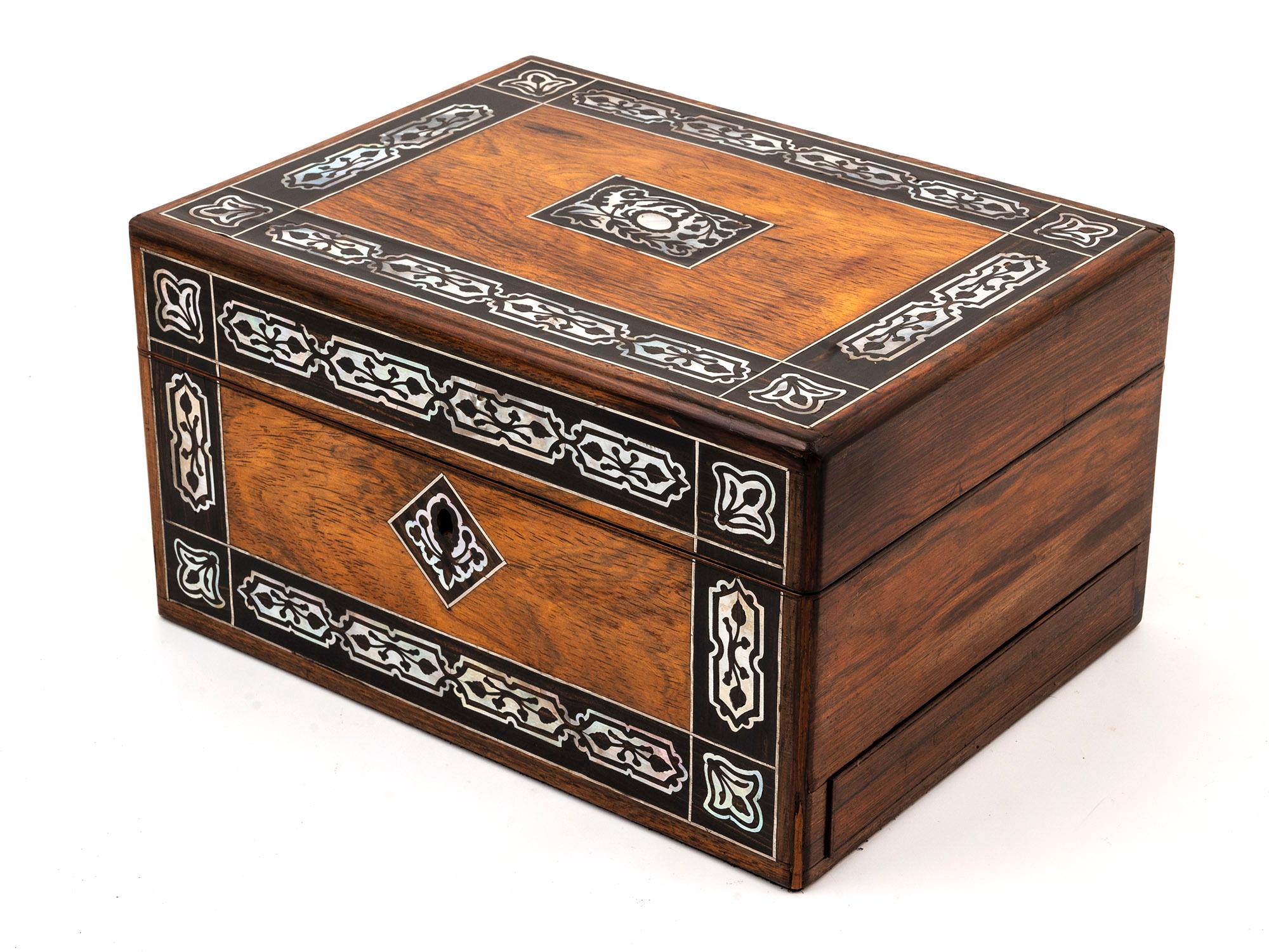 British Antique Rosewood Jewellery Box with Symmetrical Mother of Pearl Inlay