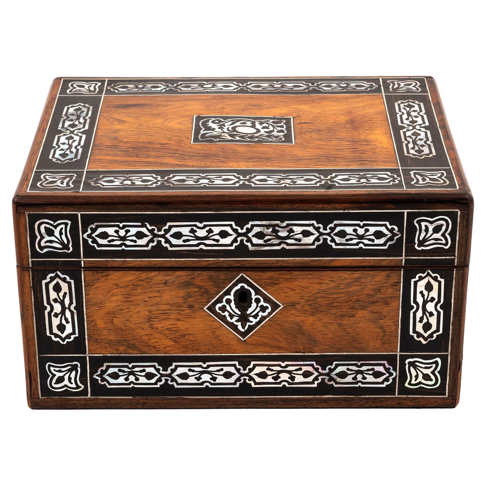 Antique Rosewood Jewellery Box with Symmetrical Mother of Pearl Inlay
