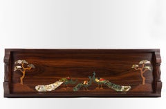 Antique Rosewood & Mother Of Pearl Inlaid Peacocks Narrow Serving Tray 1920's