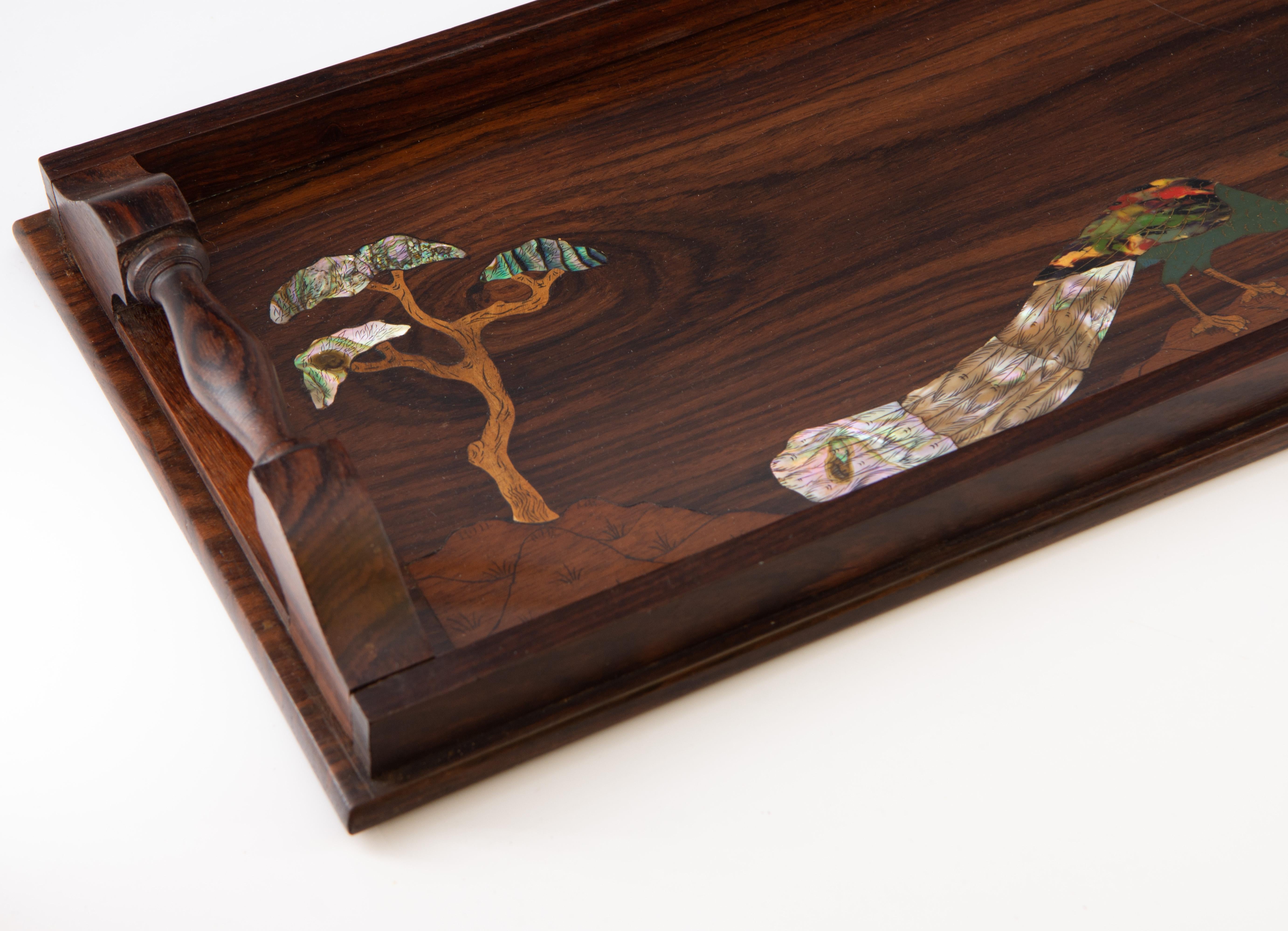 Anglo-Indian Antique Rosewood & Mother Of Pearl Inlaid Peacocks Narrow Serving Tray 1920's For Sale