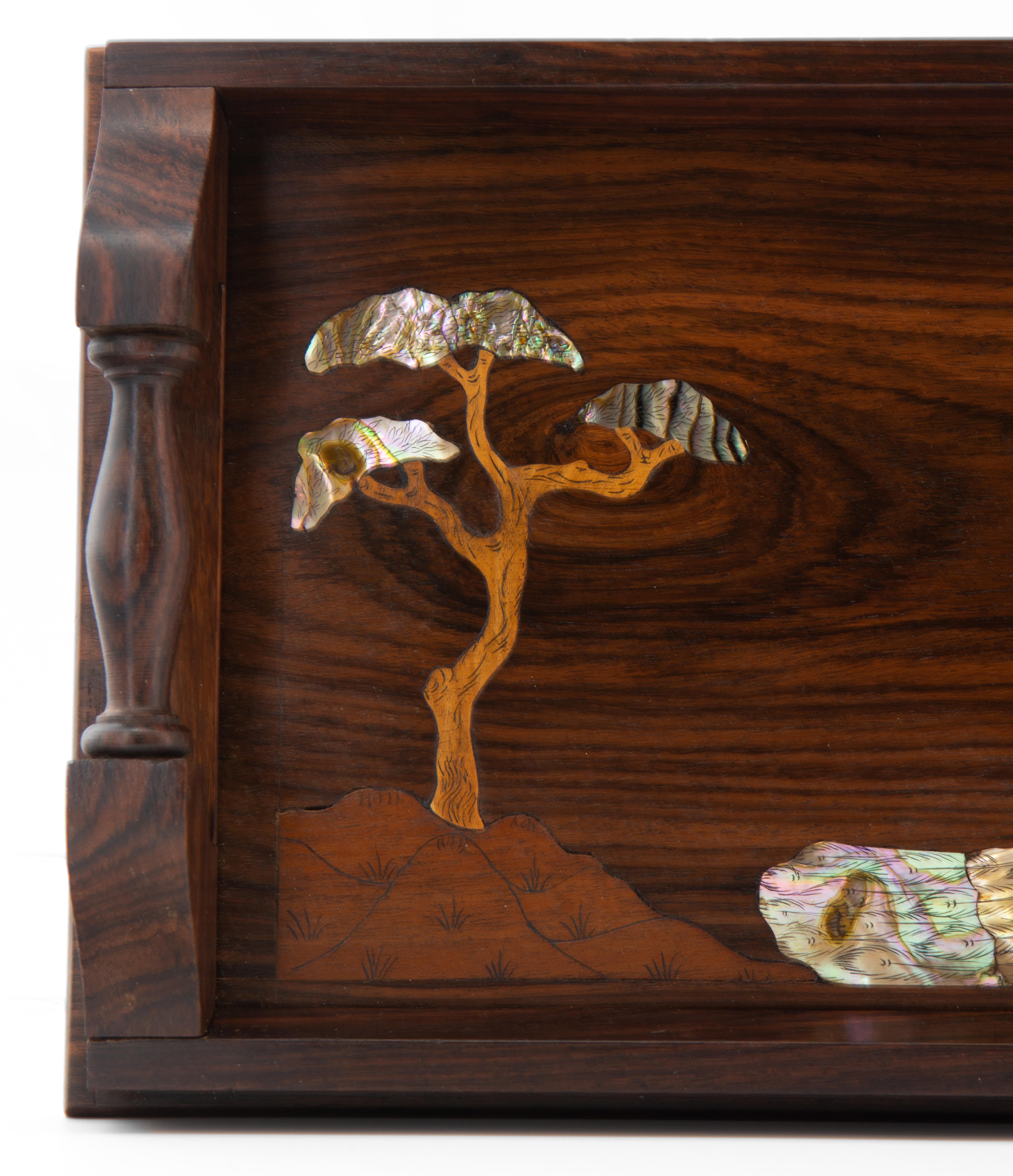 20th Century Antique Rosewood & Mother Of Pearl Inlaid Peacocks Narrow Serving Tray 1920's For Sale