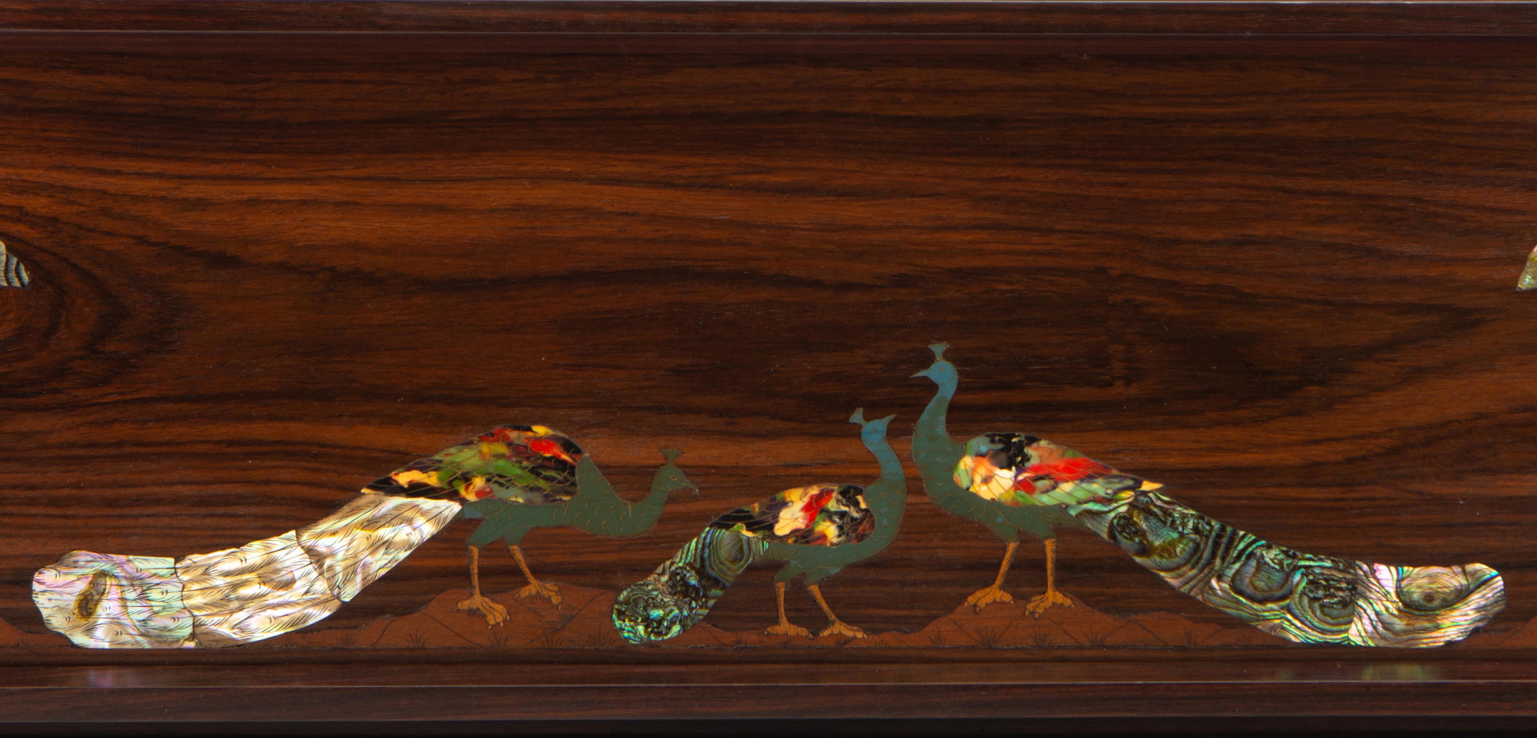Mother-of-Pearl Antique Rosewood & Mother Of Pearl Inlaid Peacocks Narrow Serving Tray 1920's For Sale