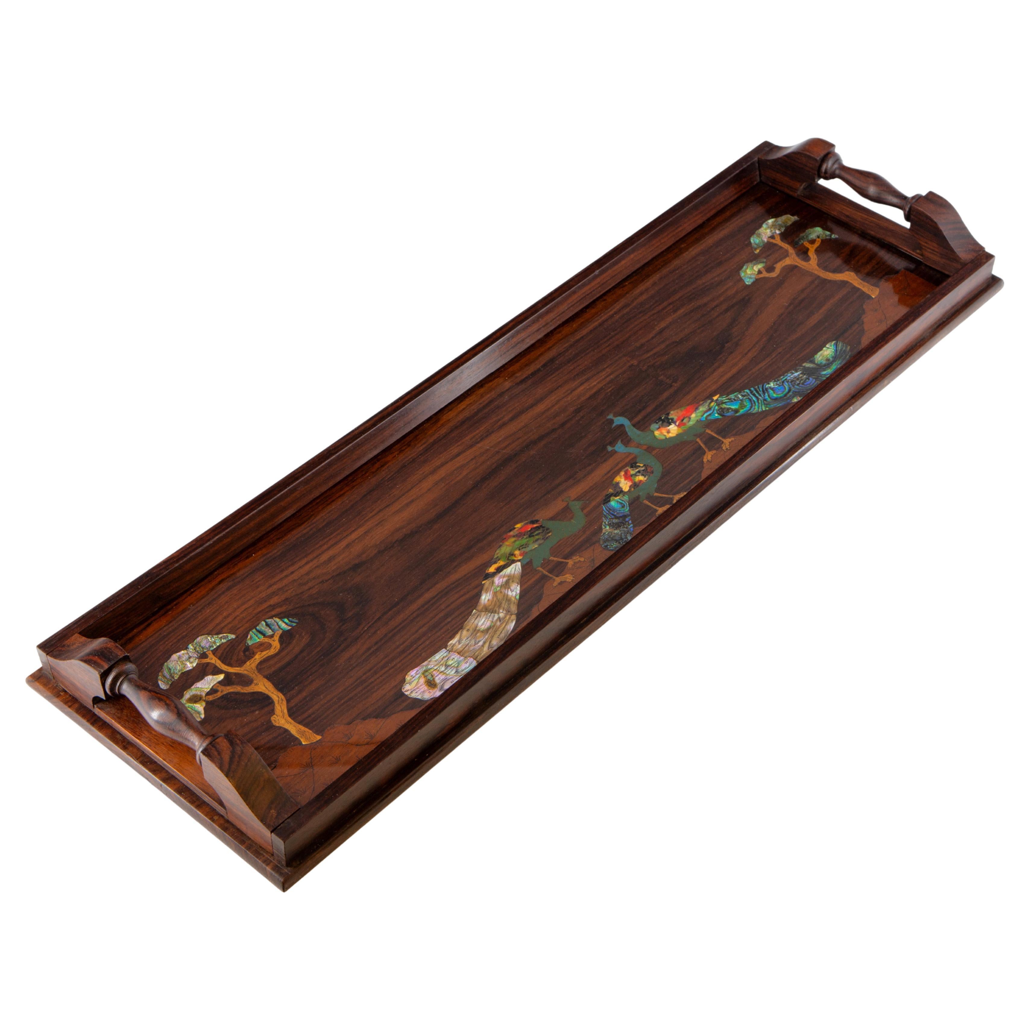 Antique Rosewood & Mother Of Pearl Inlaid Peacocks Narrow Serving Tray 1920's For Sale