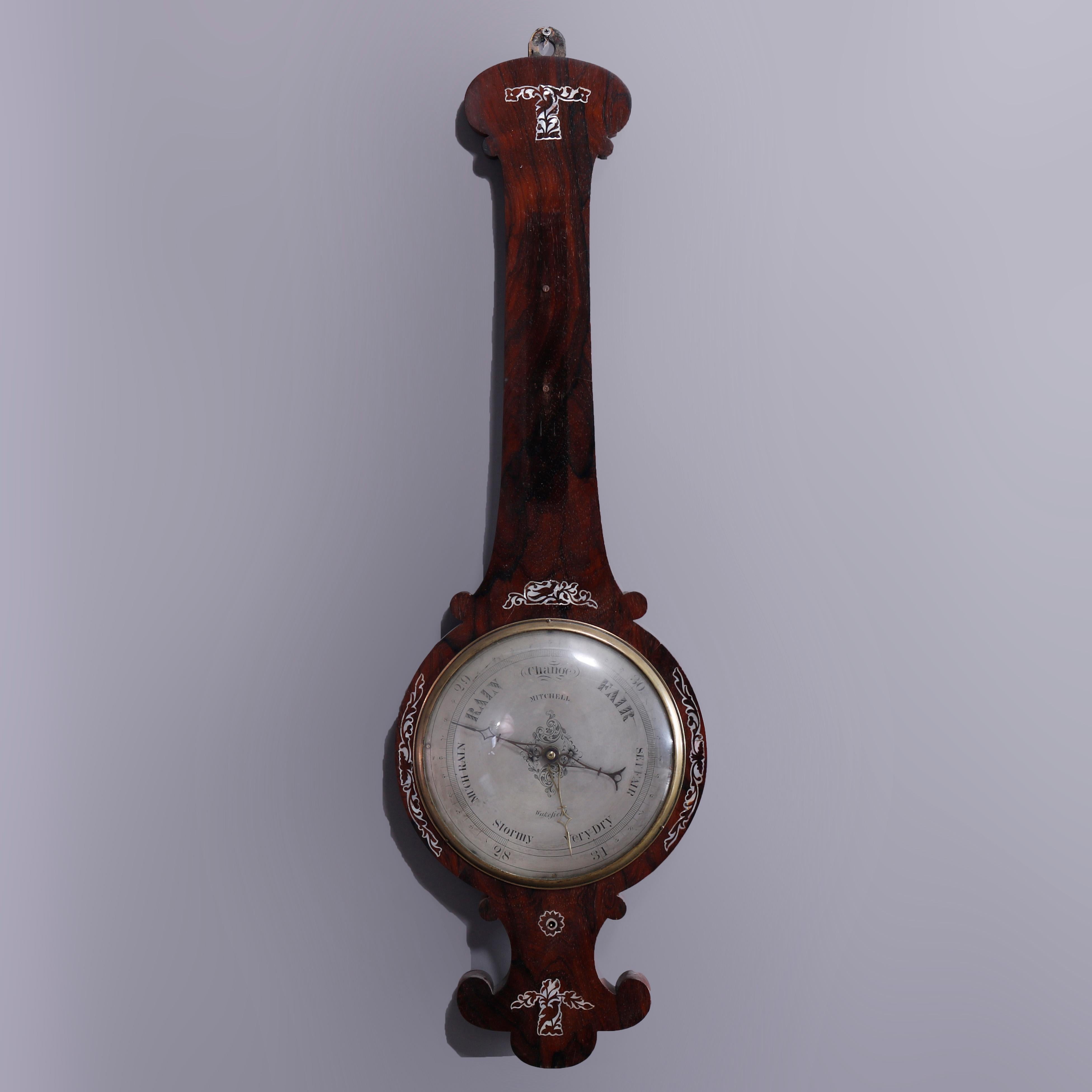 American Antique Rosewood & Mother of Pearl Inlay Barometer by Mitchell, Wakefield, c1890