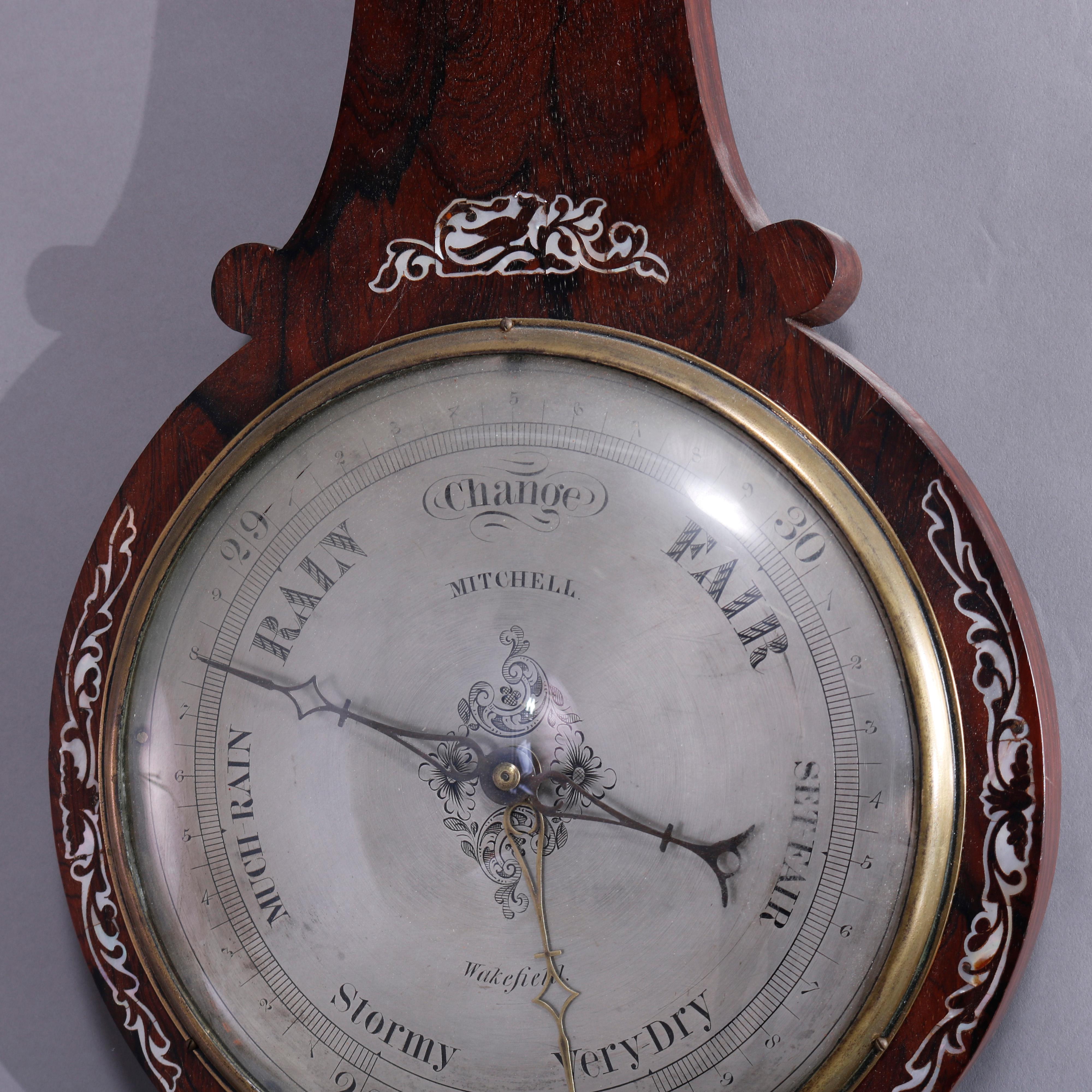 Antique Rosewood & Mother of Pearl Inlay Barometer by Mitchell, Wakefield, c1890 In Good Condition In Big Flats, NY
