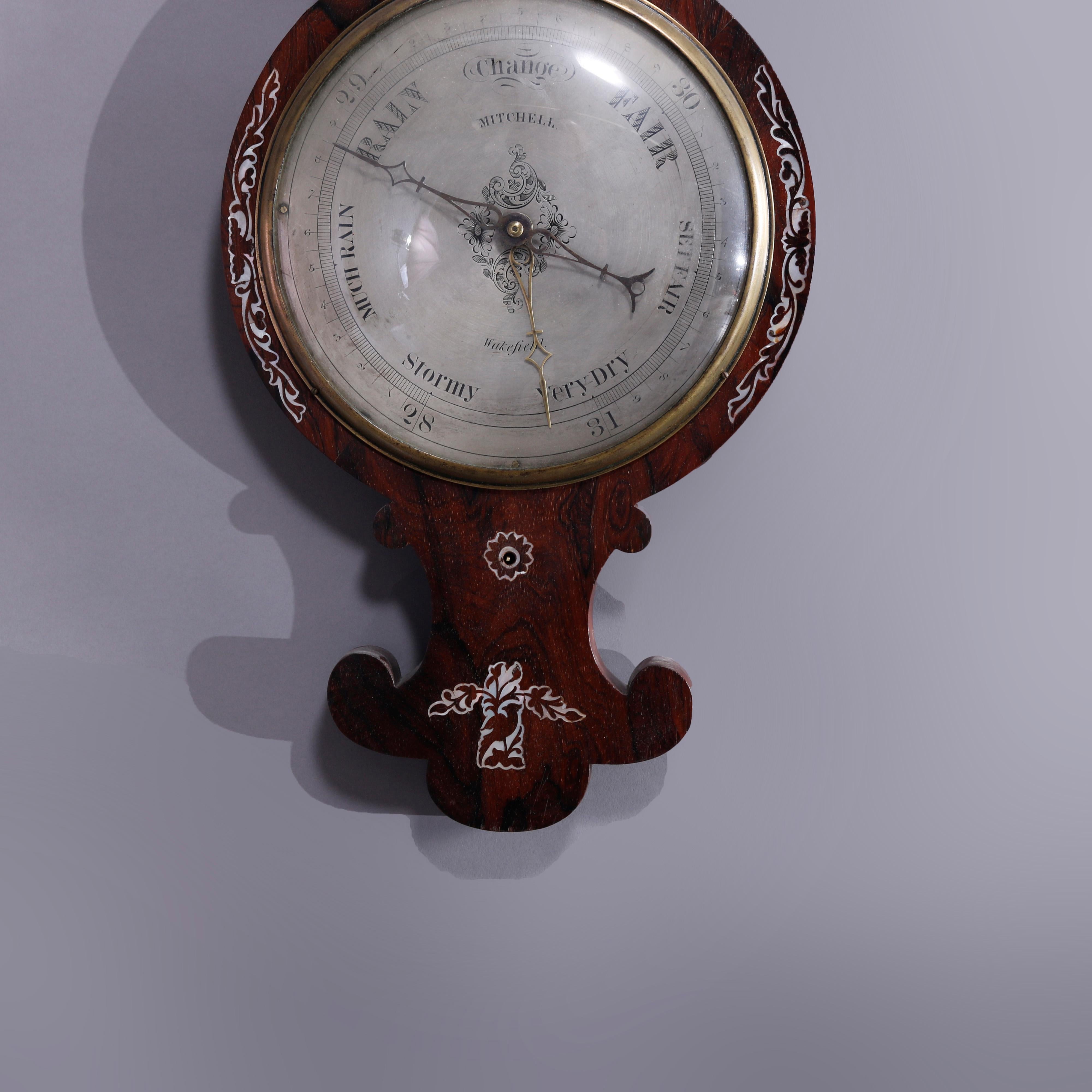 19th Century Antique Rosewood & Mother of Pearl Inlay Barometer by Mitchell, Wakefield, c1890